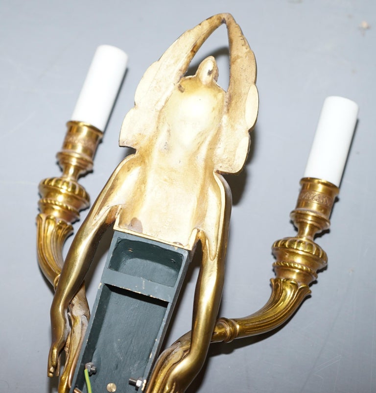 Rare Pair of Empire Style Figural Two Branch Wall Appliques Sconces Gilt Bronze For Sale 14