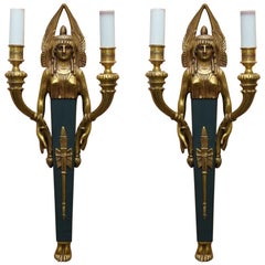 Rare Pair of Empire Style Figural Two Branch Wall Appliques Sconces Gilt Bronze