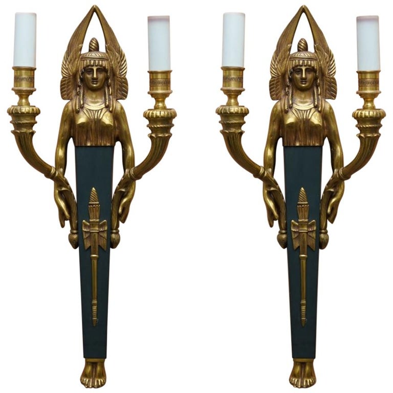 Rare Pair of Empire Style Figural Two Branch Wall Appliques Sconces Gilt Bronze For Sale