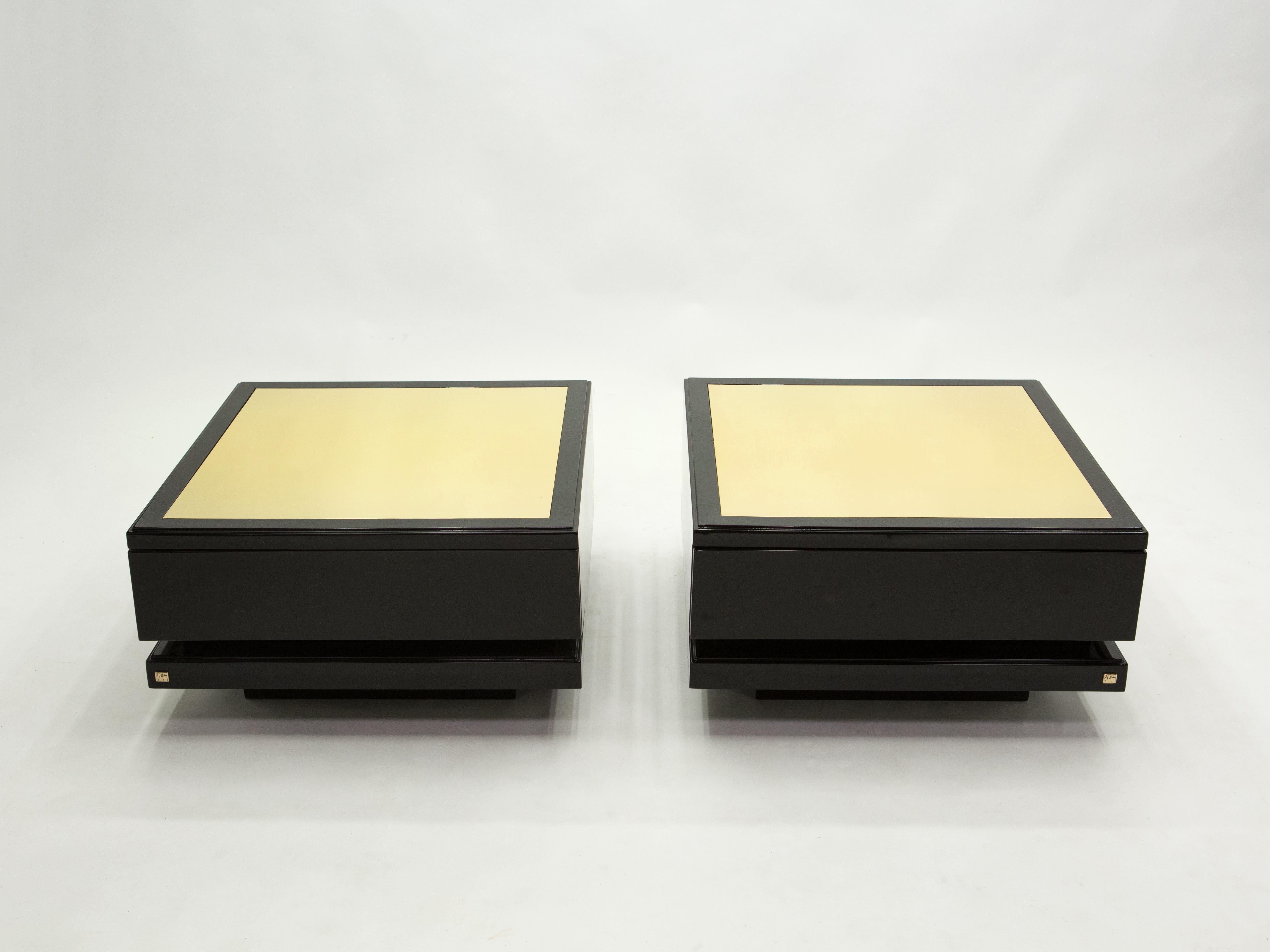 Rare Pair of End Tables by J.C. Mahey Brass Black Lacquered, 1970s 6