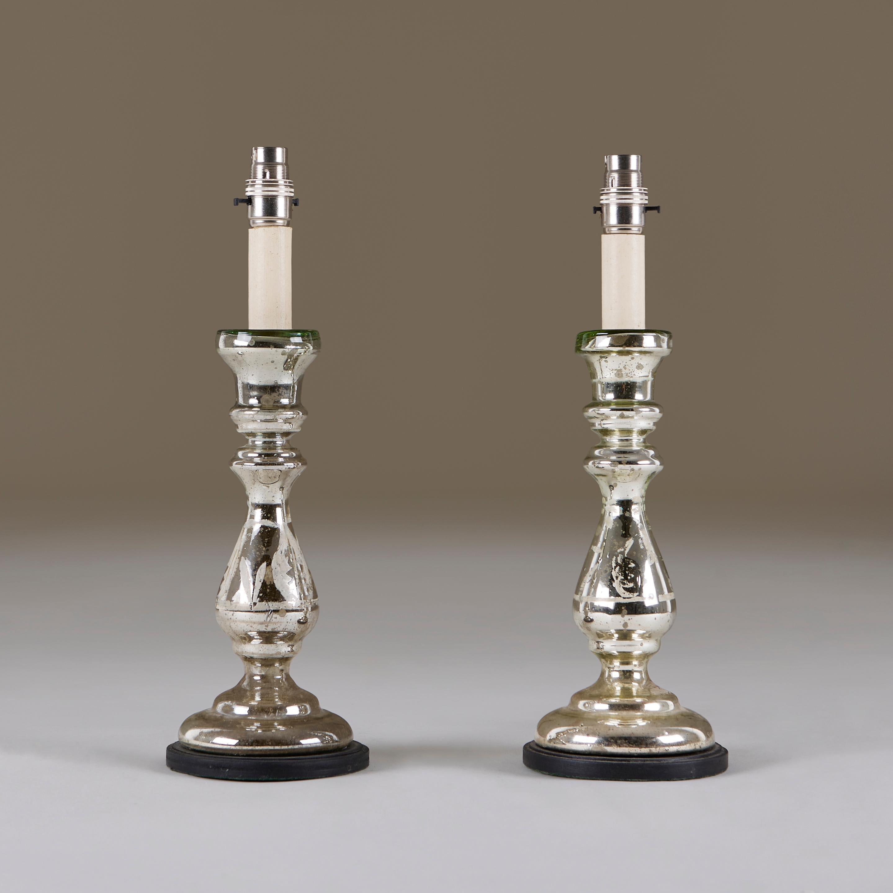Ebonized Vintage Mercury Glass table Lamps with shades. 1940s, English, set For Sale