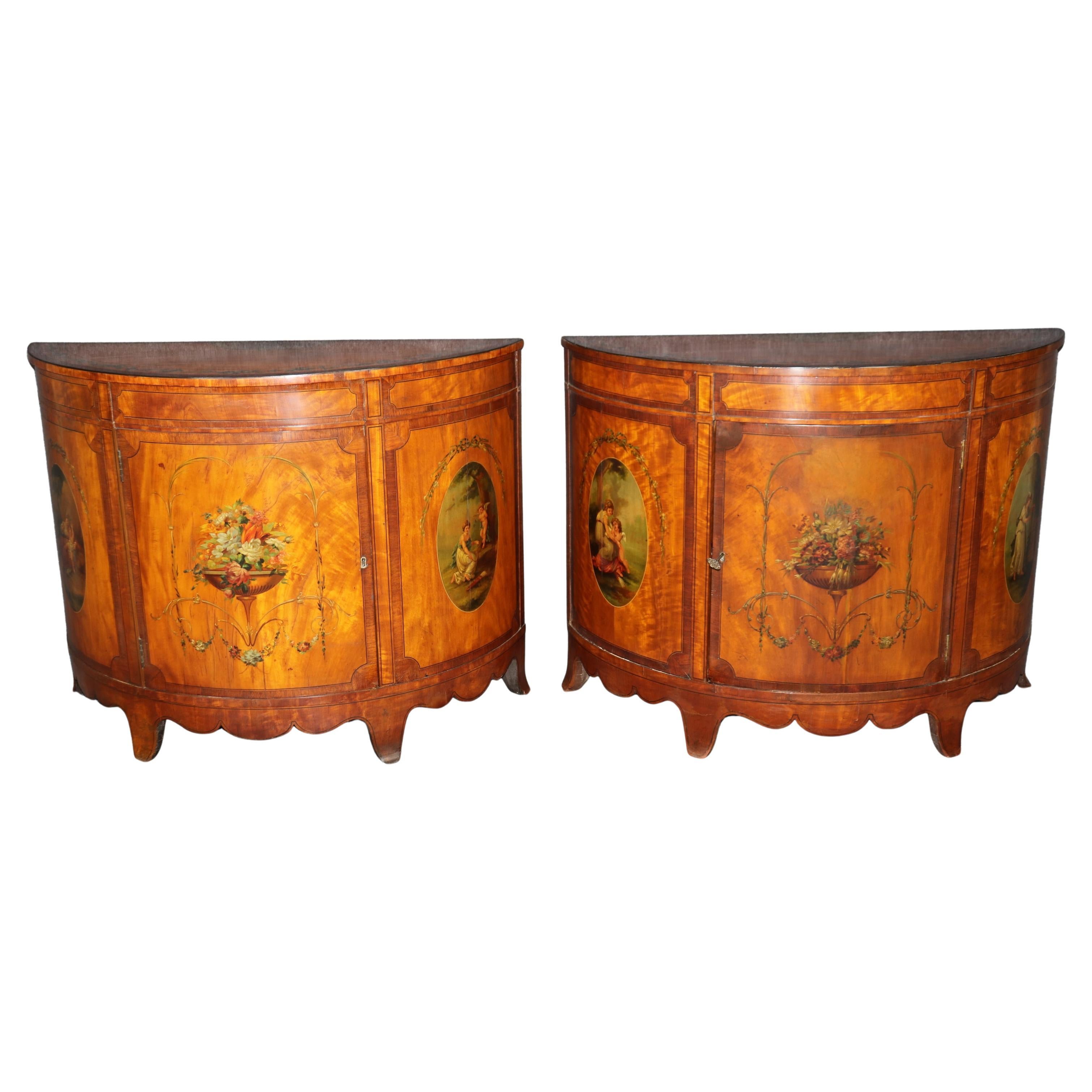 Rare paire de commodes demi-lune anglaises en bois de citronnier peint de style Adams