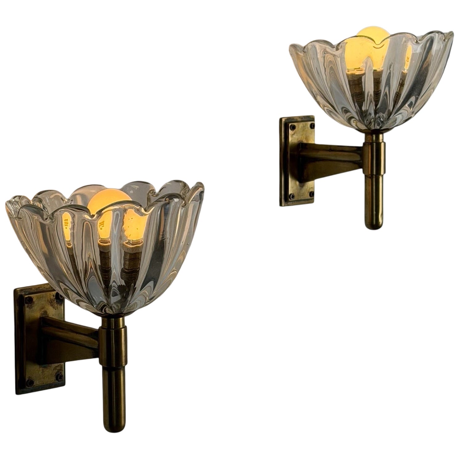 Rare Pair of Ercole Barovier Murano Glass Brass Sconces for Barovier, 1930s