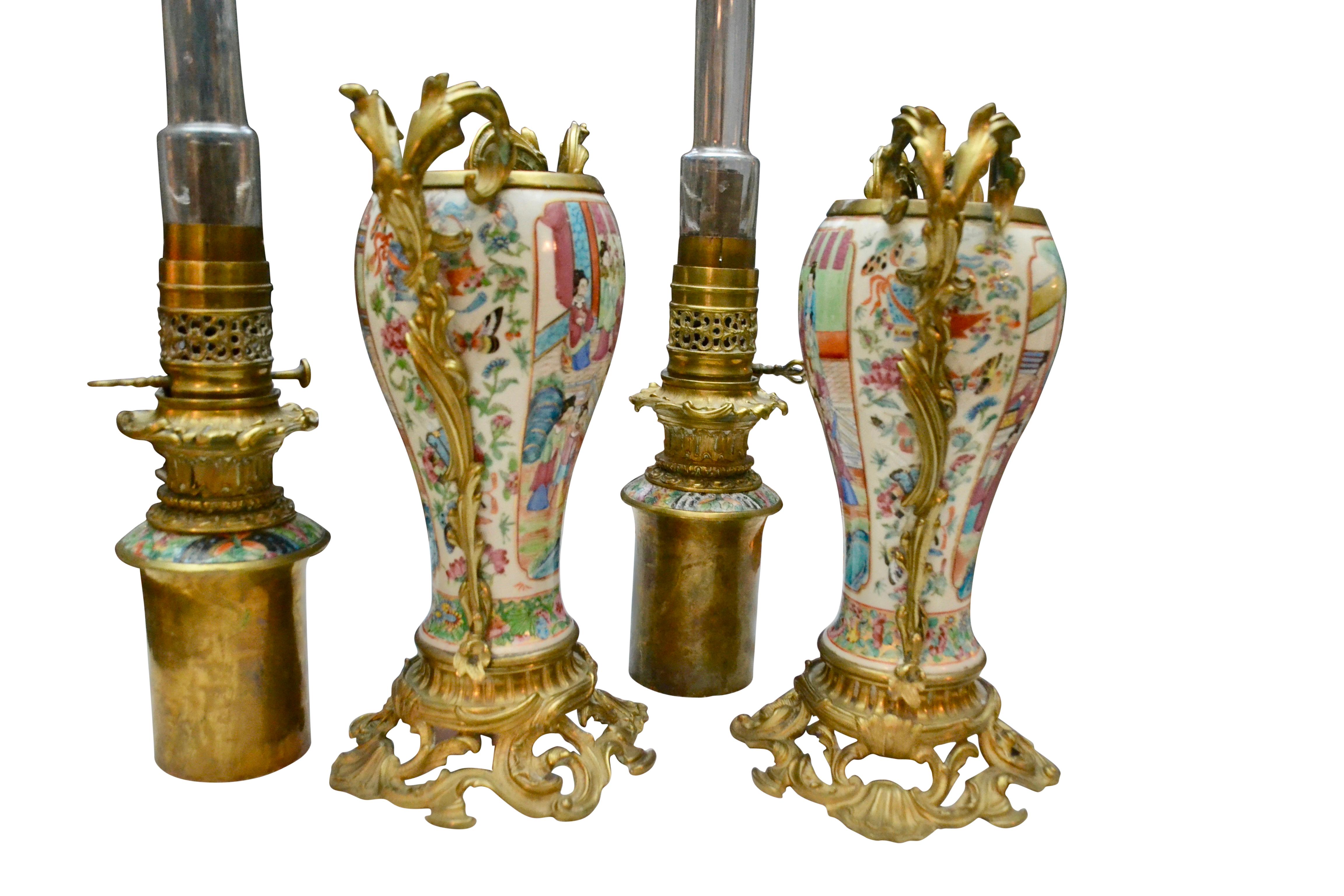 European Rare Pair of  Famille Rose Porcelain and Ormolu Napoleon III Oil Lamps