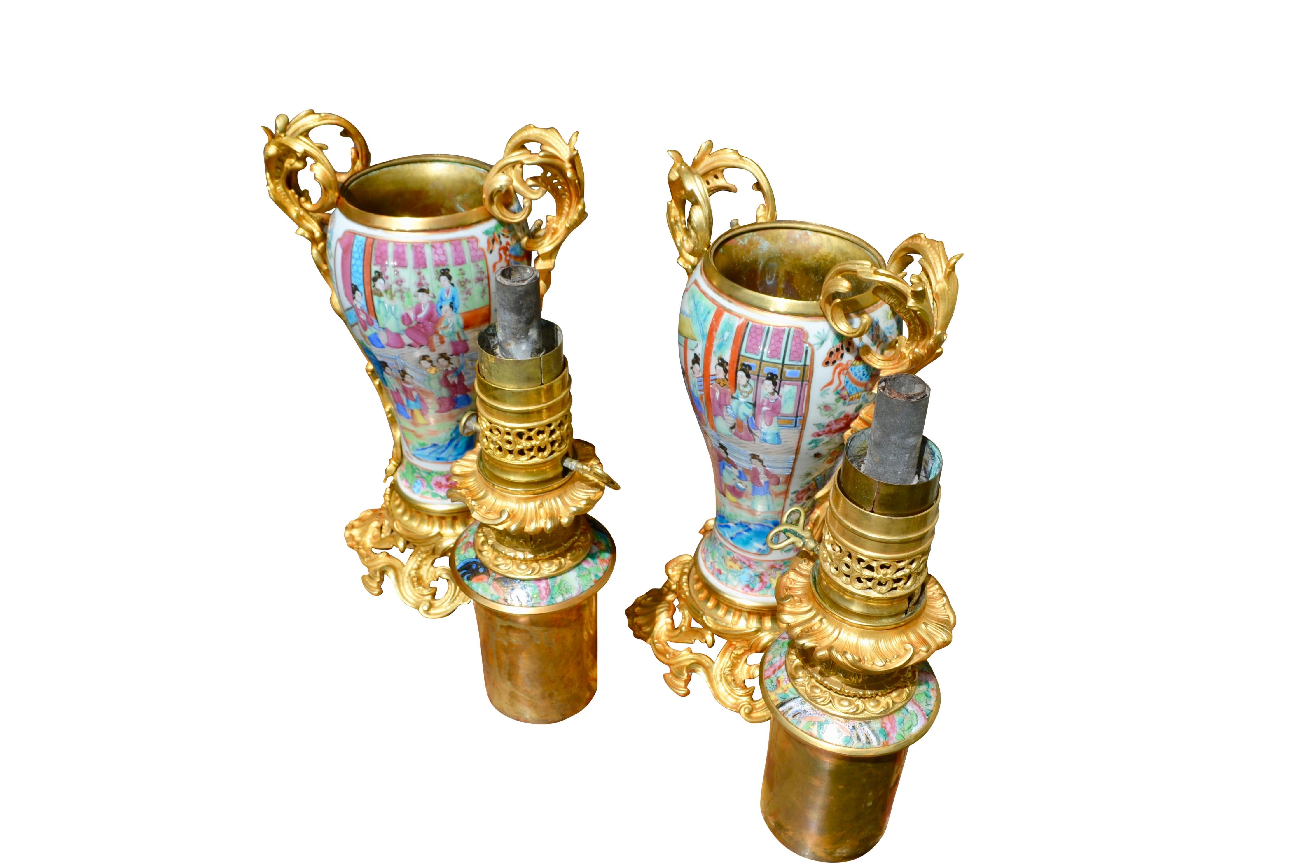 Gilt Rare Pair of Famille Rose Porcelain and Ormolu Napoleon III Oil Lamps For Sale