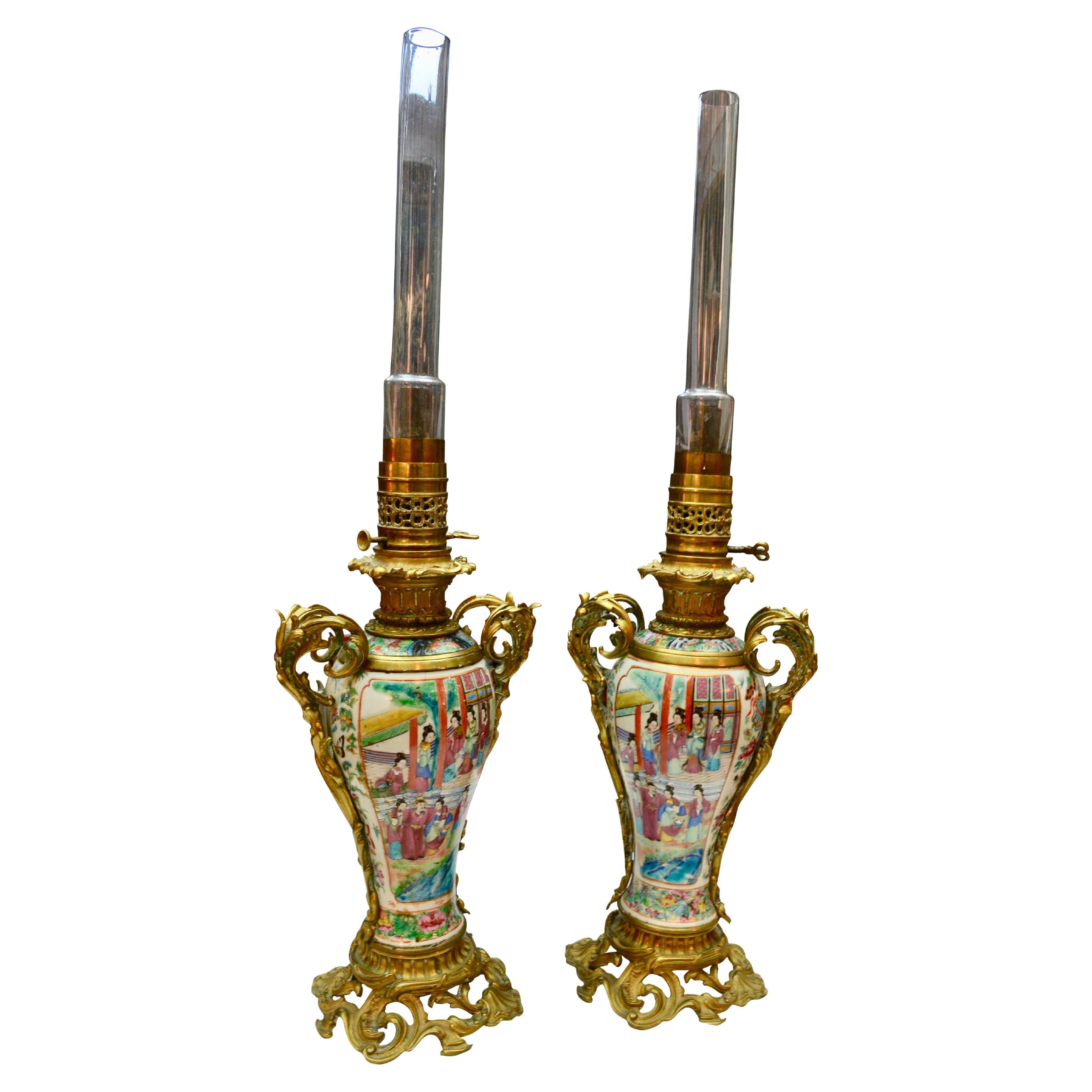 Rare Pair of  Famille Rose Porcelain and Ormolu Napoleon III Oil Lamps