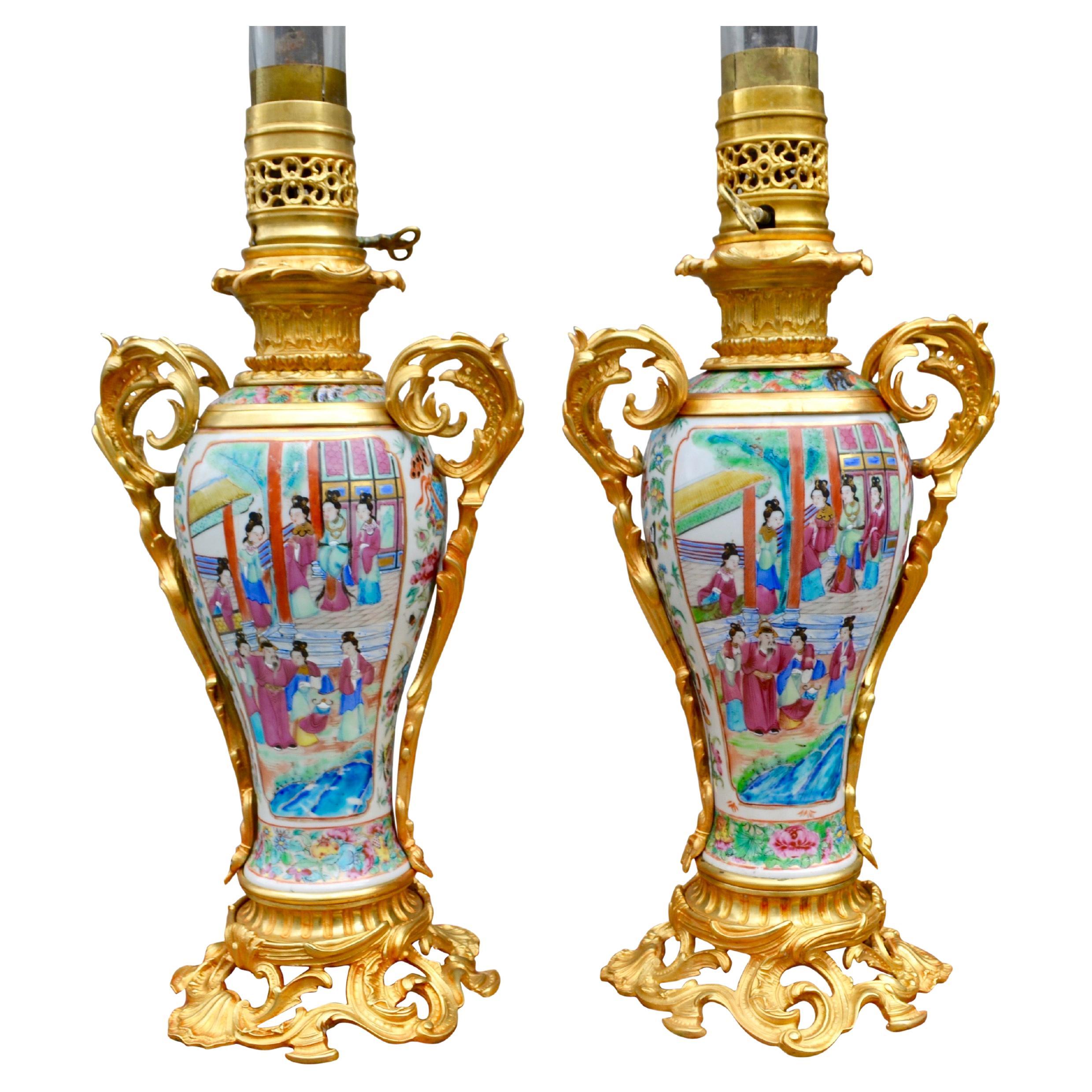 Rare Pair of Famille Rose Porcelain and Ormolu Napoleon III Oil Lamps