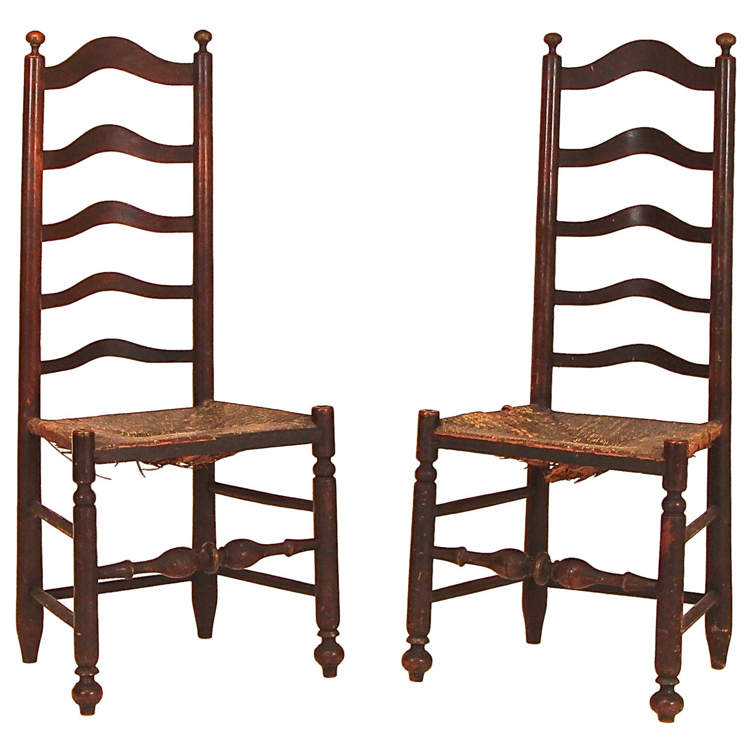 Rare Pair of Five Slat Ladderback Side Chairs For Sale