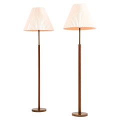 Vintage Rare Pair of Floor Lamps in Leather, Brass and Original Shades, 1950's