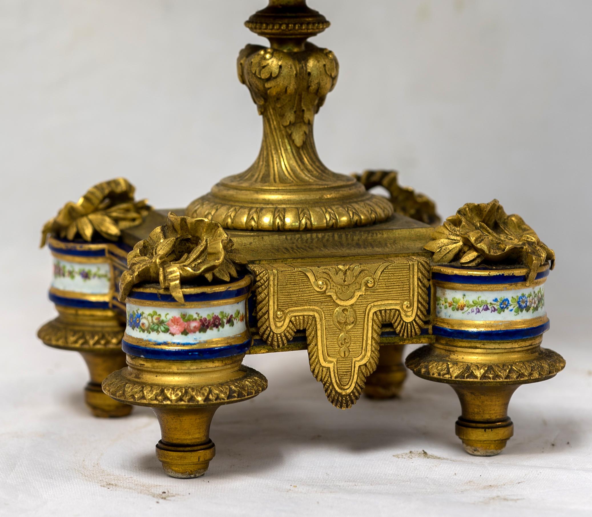 Rare Pair of Four-Branch Gilt Bronze & Jeweled Sèvres Style Porcelain Candelabra For Sale 5