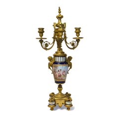 Rare Pair of Four-Branch Gilt Bronze & Jeweled Sèvres Style Porcelain Candelabra