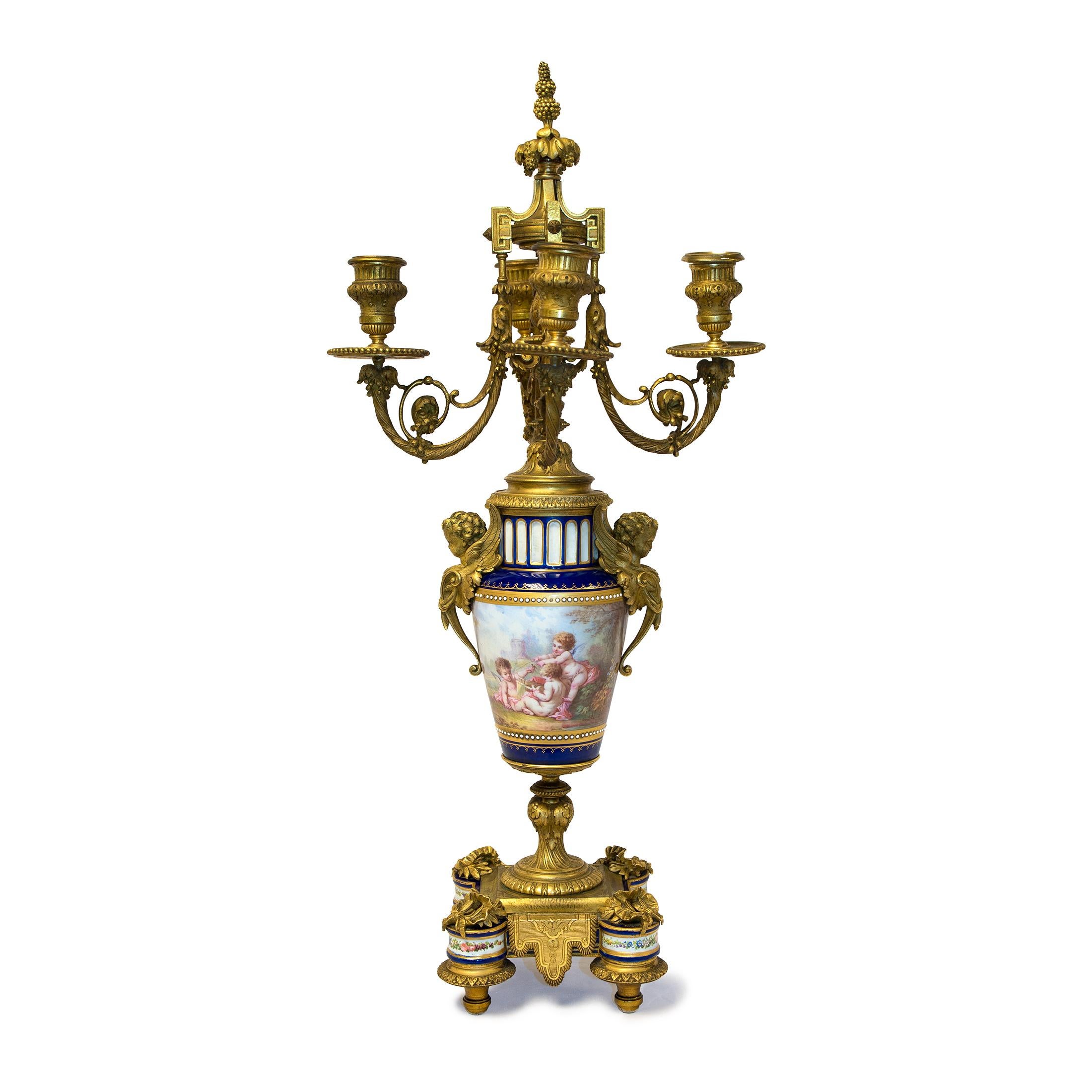 French Rare Pair of Four-Branch Gilt Bronze & Jeweled Sèvres Style Porcelain Candelabra For Sale