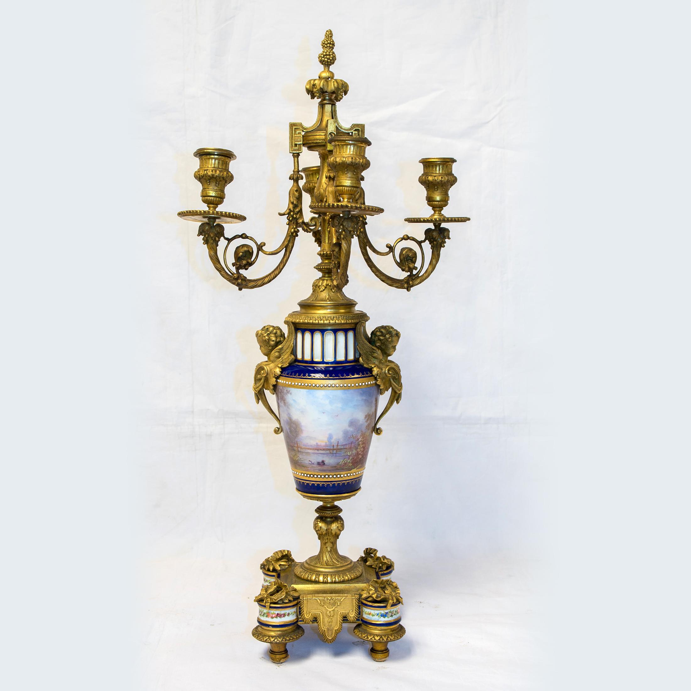 Rare Pair of Four-Branch Gilt Bronze & Jeweled Sèvres Style Porcelain Candelabra In Good Condition For Sale In New York, NY