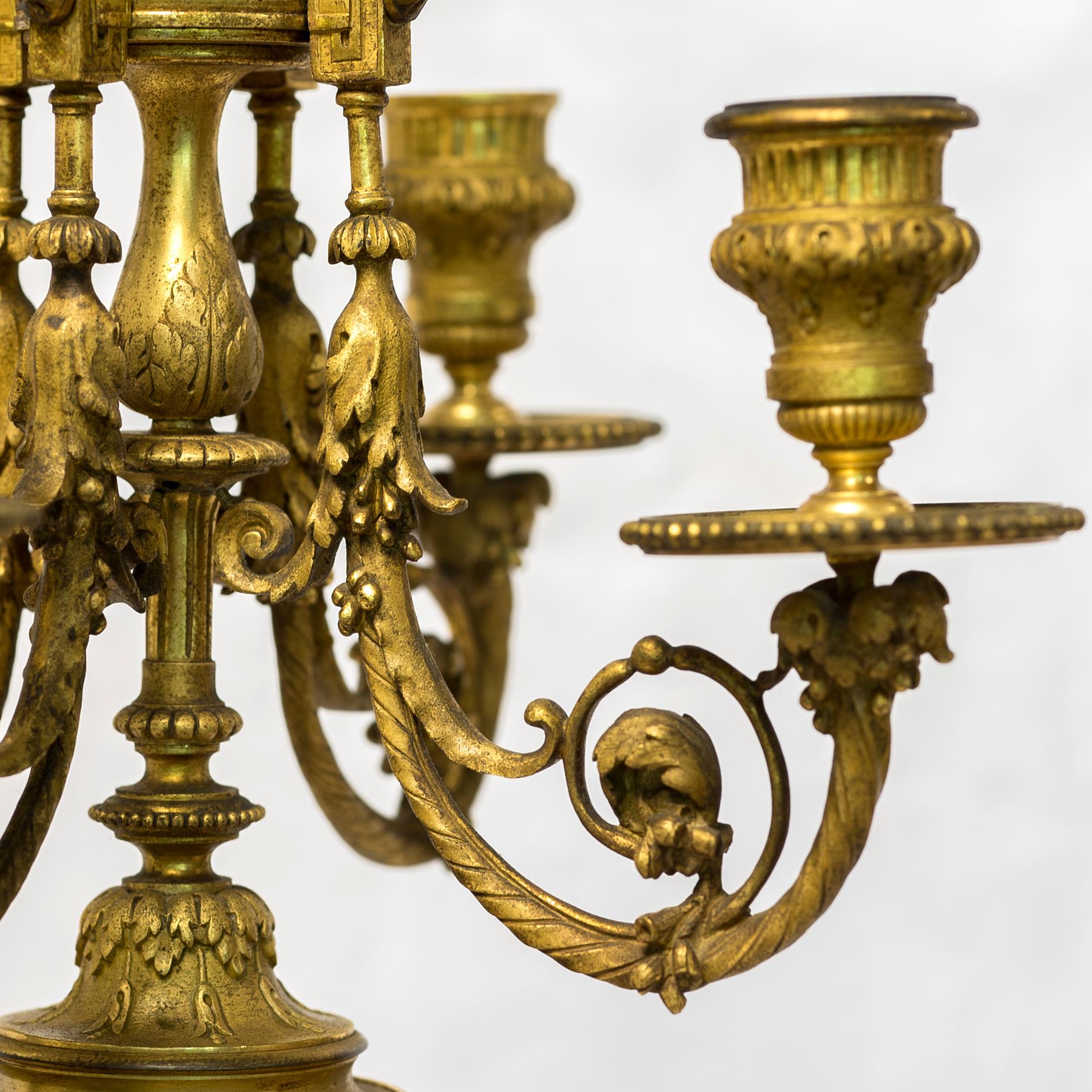 Rare Pair of Four-Branch Gilt Bronze & Jeweled Sèvres Style Porcelain Candelabra For Sale 1