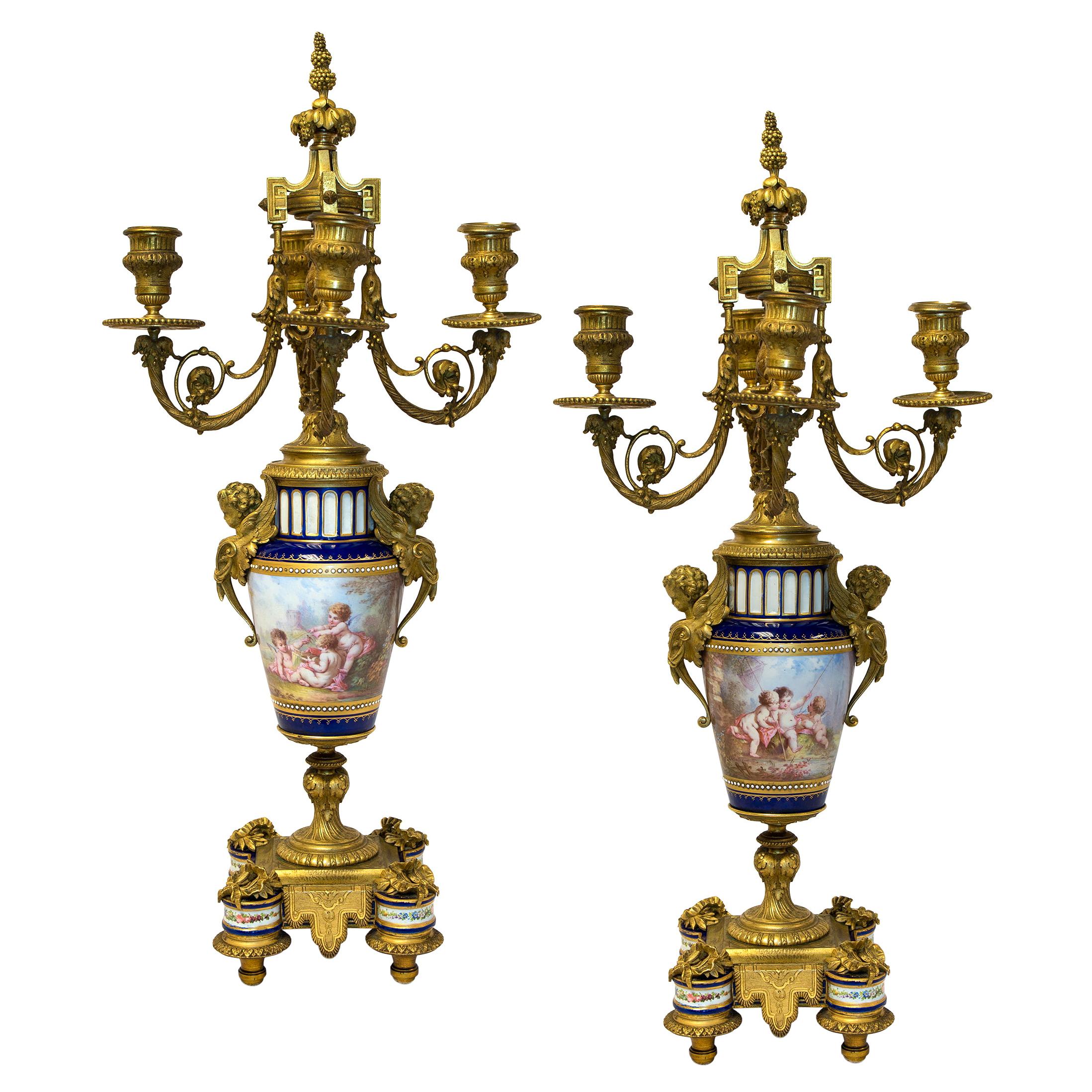 Rare Pair of Four-Branch Gilt Bronze & Jeweled Sèvres Style Porcelain Candelabra For Sale