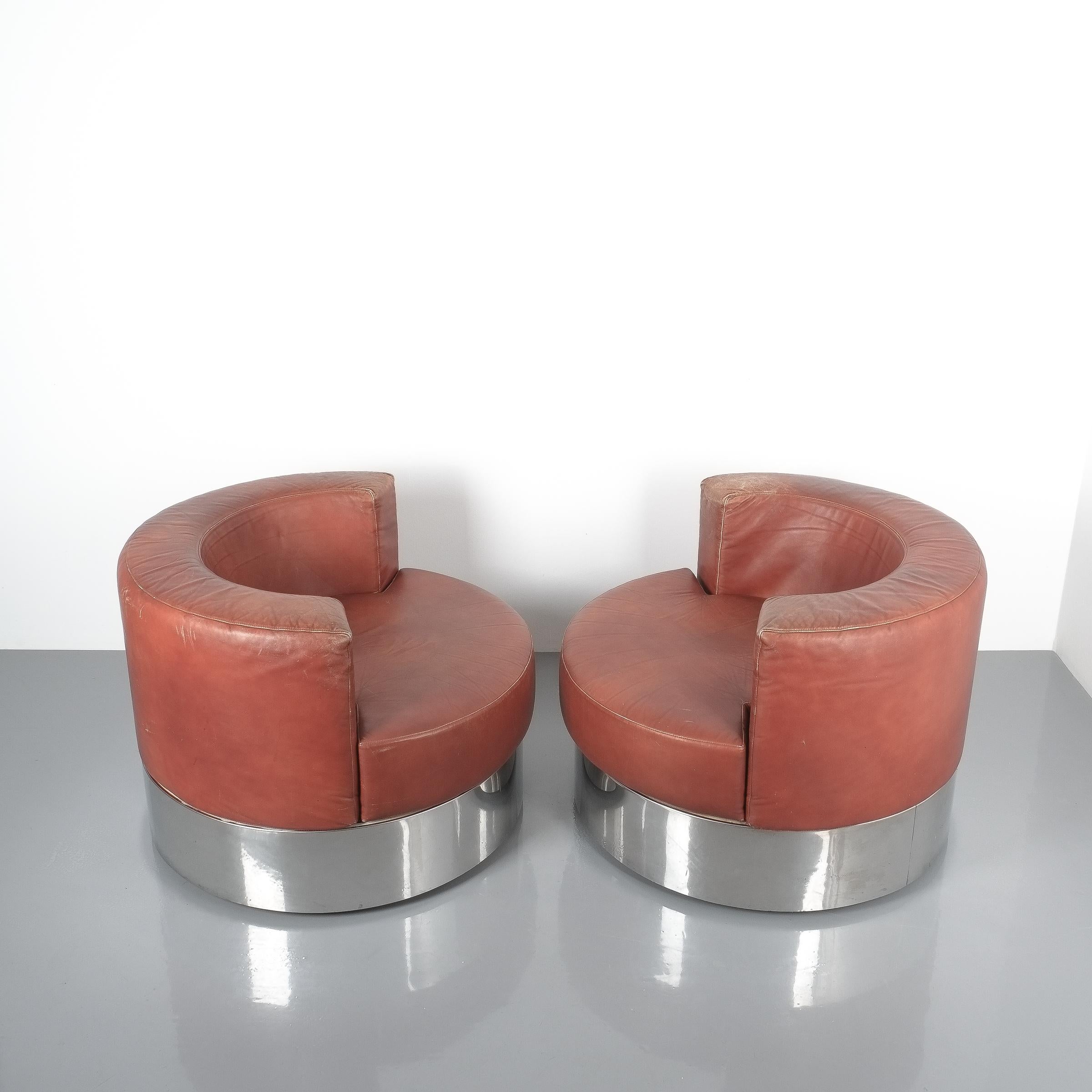 Rare Pair of Franco Fraschini Brown Leather Chairs for Driade, Italy, 1965 4