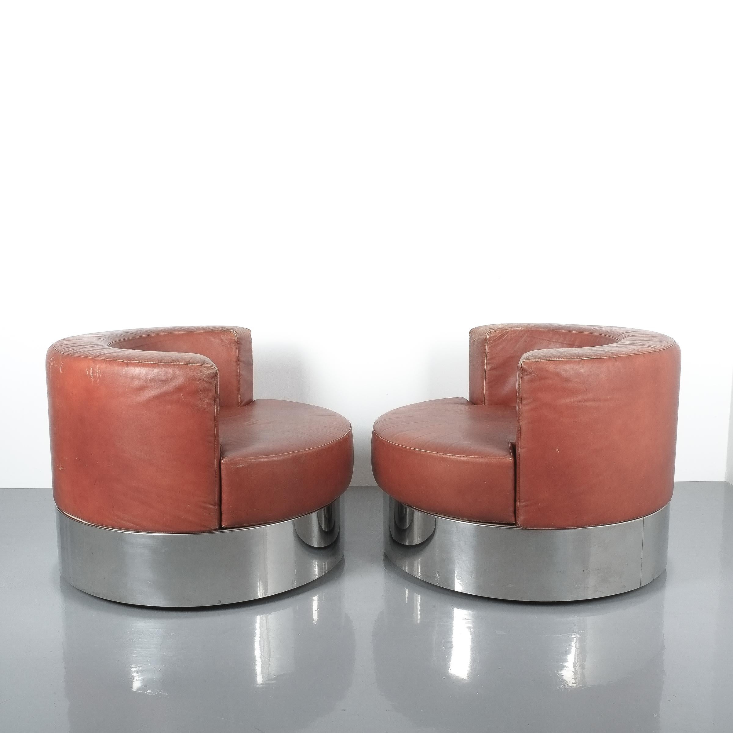 Mid-Century Modern Rare Pair of Franco Fraschini Brown Leather Chairs for Driade, Italy, 1965