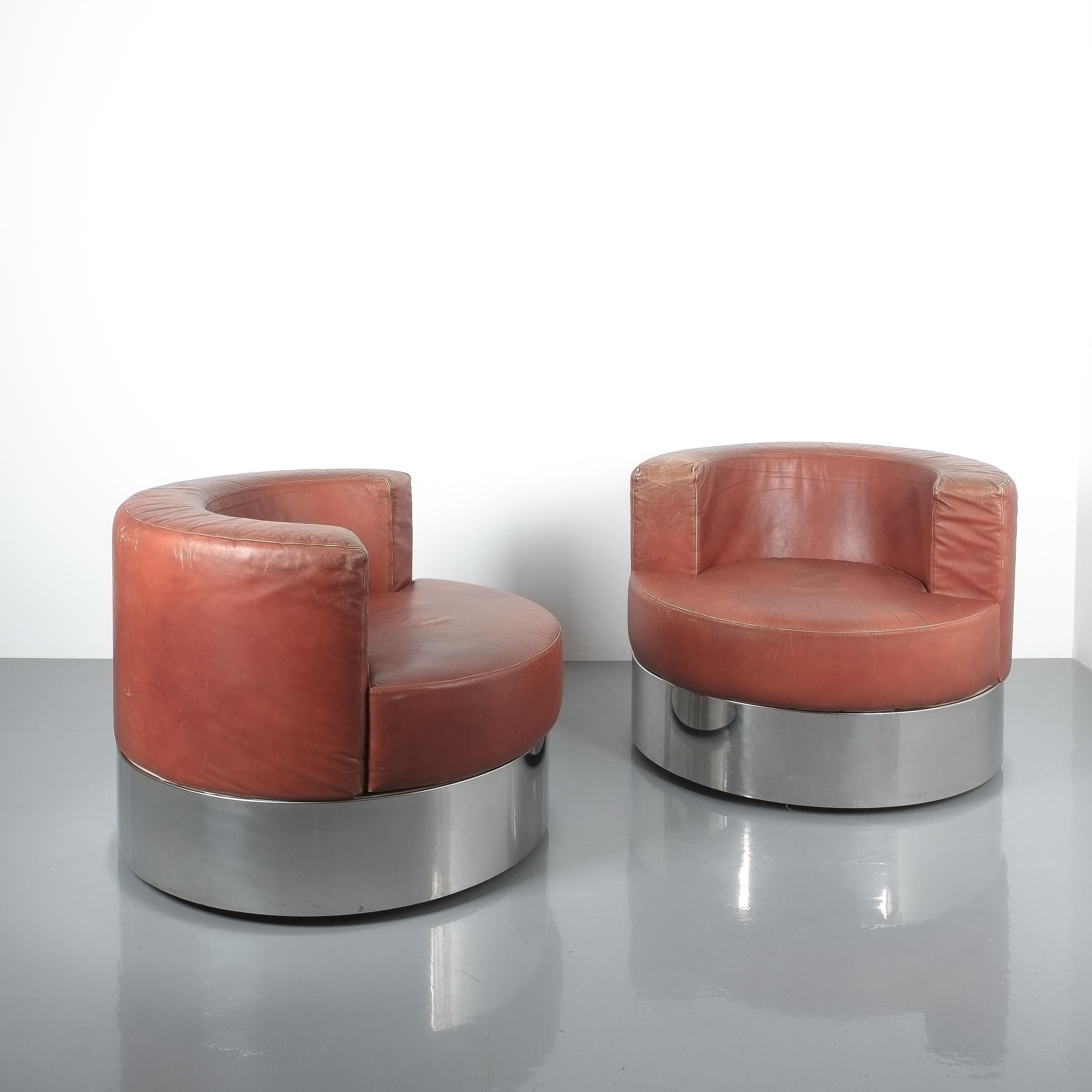 Italian Rare Pair of Franco Fraschini Brown Leather Chairs for Driade, Italy, 1965