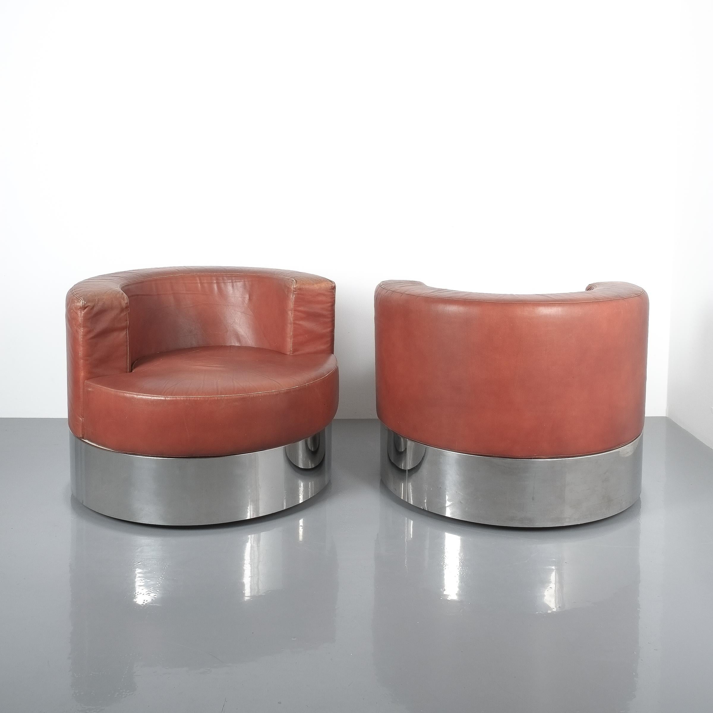 Mid-20th Century Rare Pair of Franco Fraschini Brown Leather Chairs for Driade, Italy, 1965