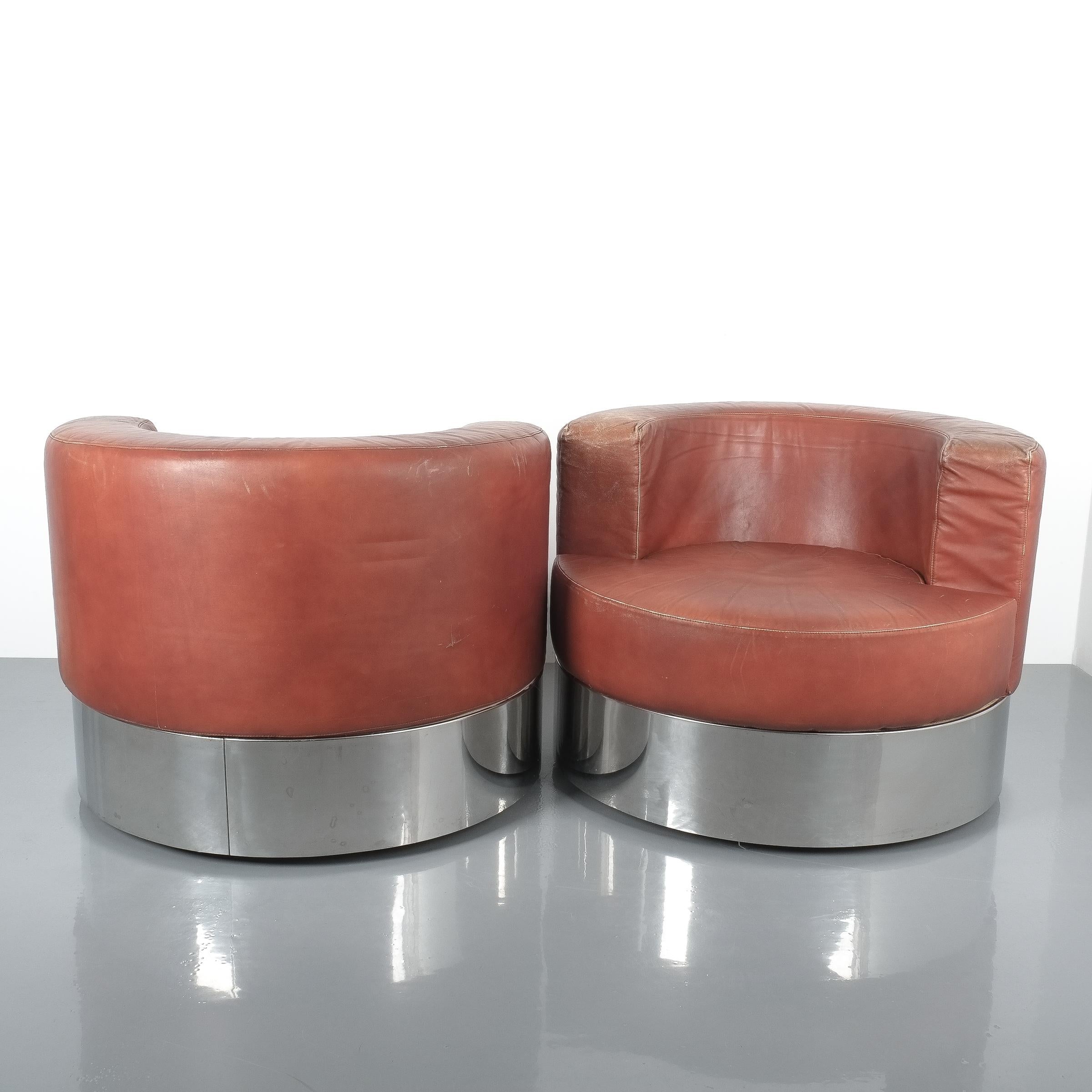 Rare Pair of Franco Fraschini Brown Leather Chairs for Driade, Italy, 1965 2