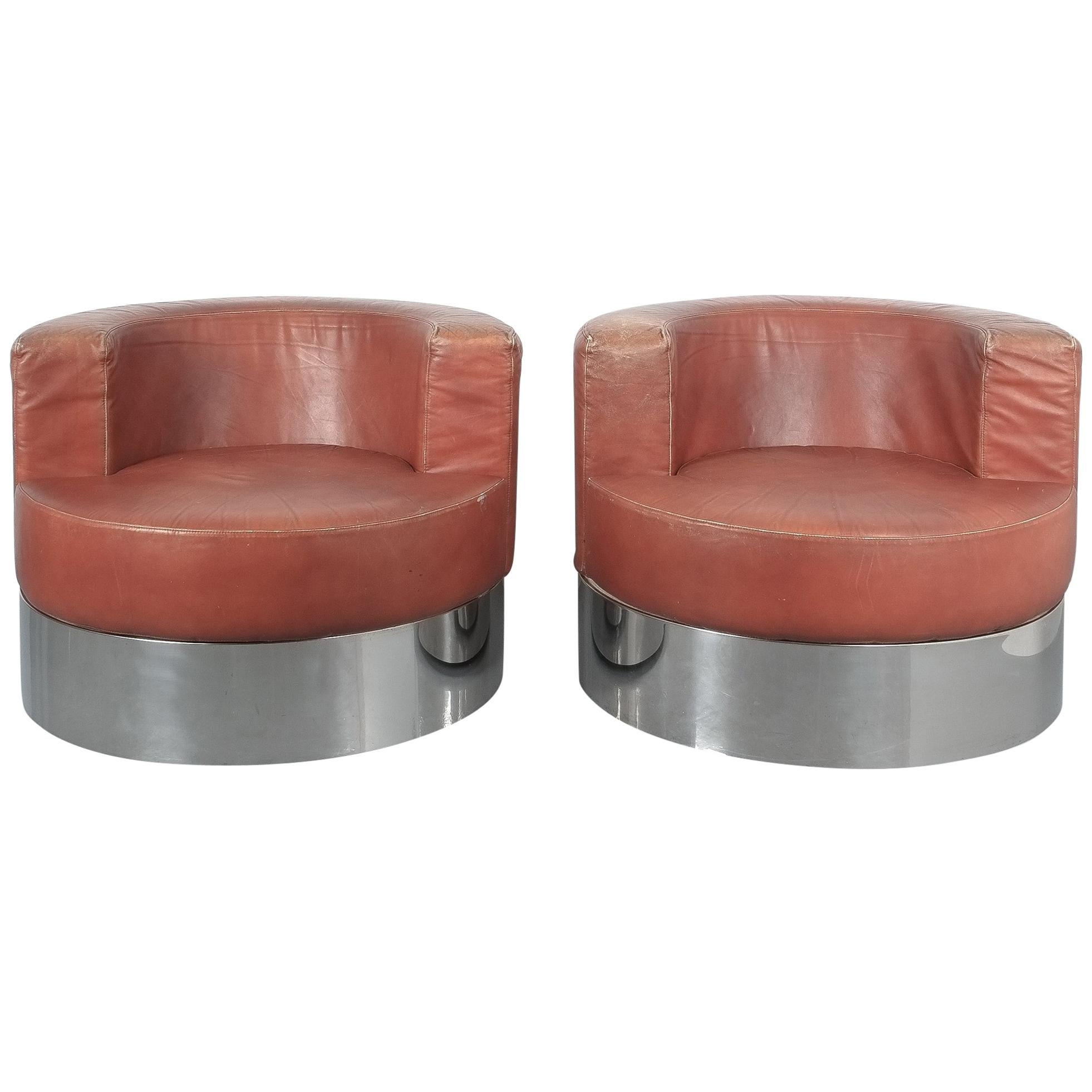 Rare Pair of Franco Fraschini Brown Leather Chairs for Driade, Italy, 1965