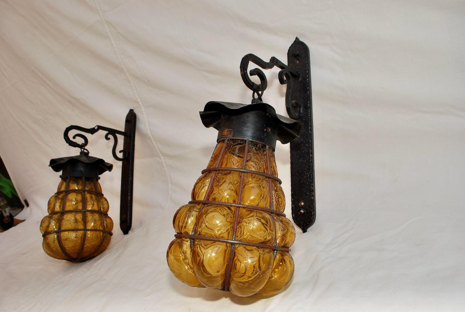 Rare Pair of French 1940s Outdoor/Indoor Iron Sconces with Murano Glass In Good Condition In Los Angeles, CA