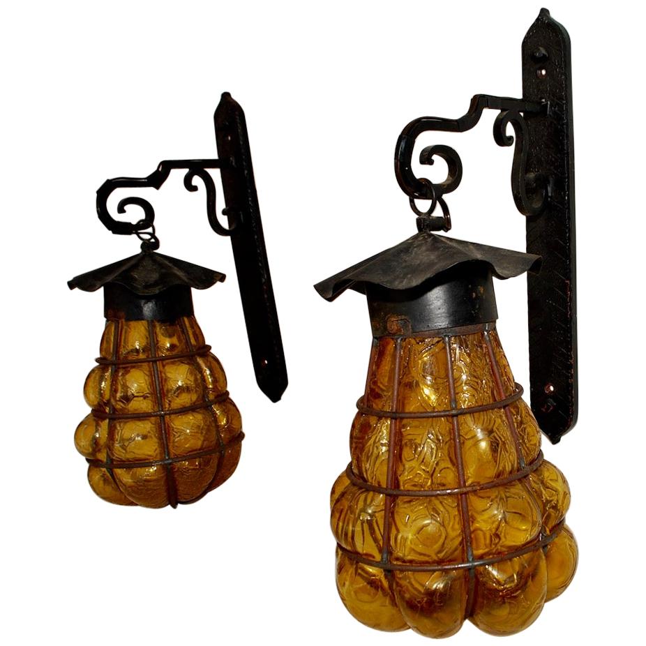 Rare Pair of French 1940s Outdoor/Indoor Iron Sconces with Murano Glass