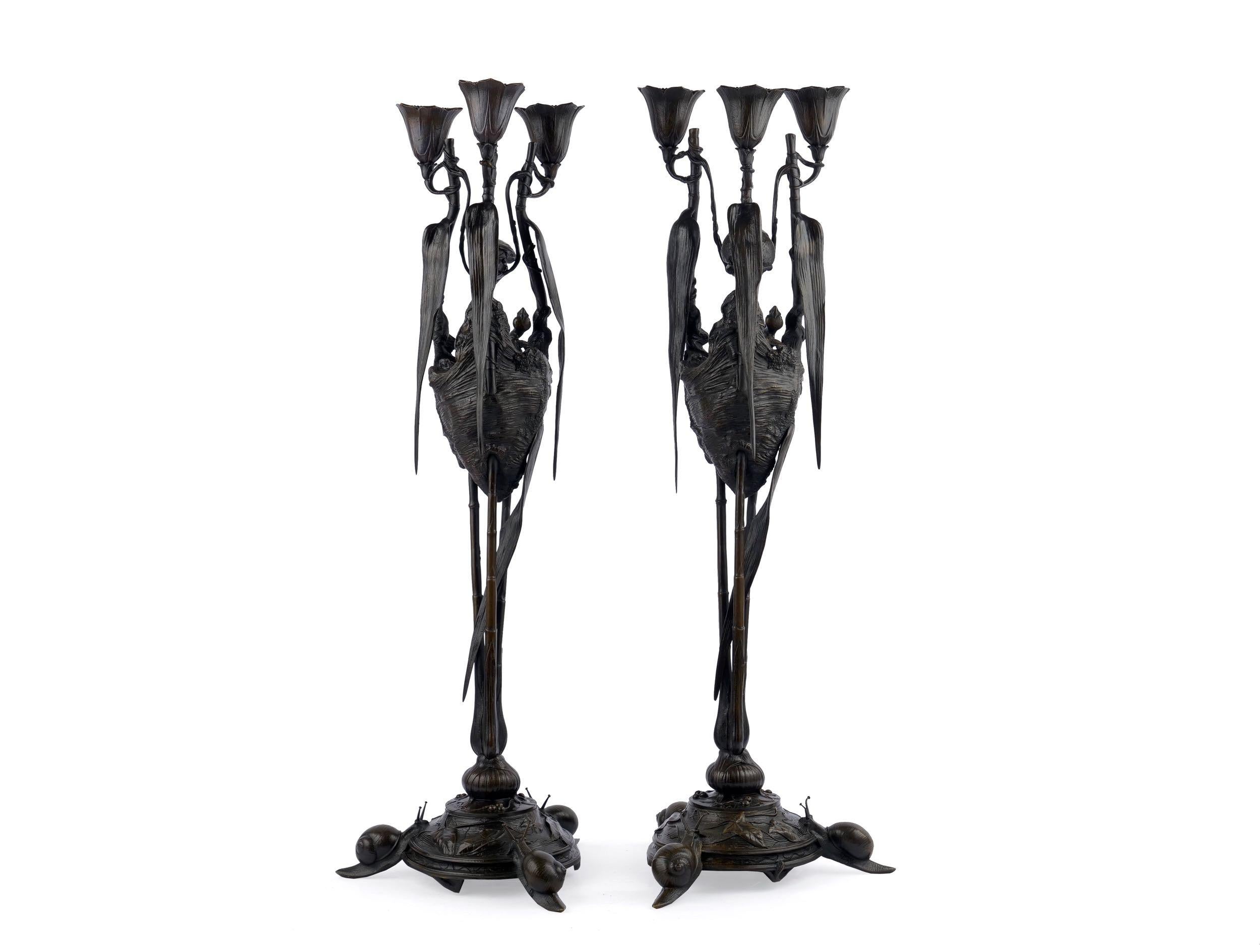 Rare Pair of French Antique Bronze Candelabra by Auguste Nicolas Cain In Good Condition In Shippensburg, PA