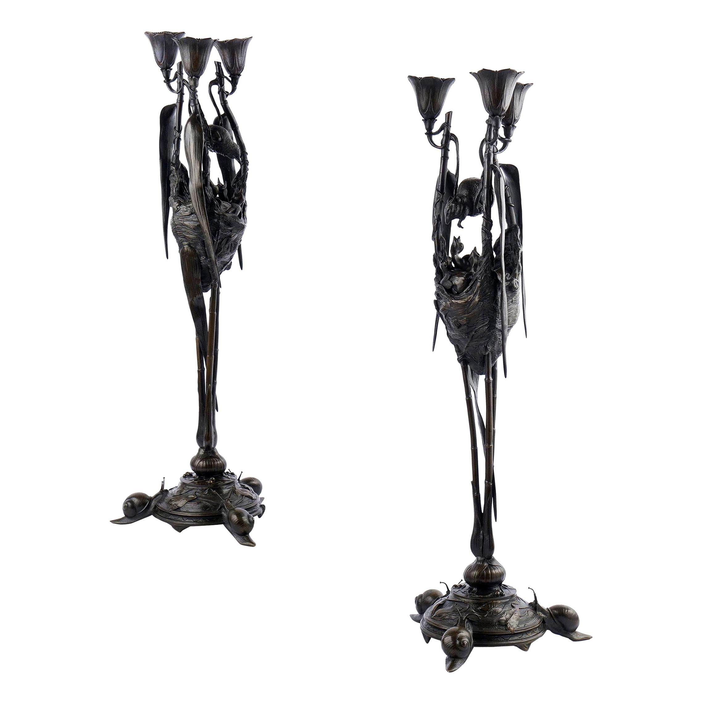 Rare Pair of French Antique Bronze Candelabra by Auguste Nicolas Cain