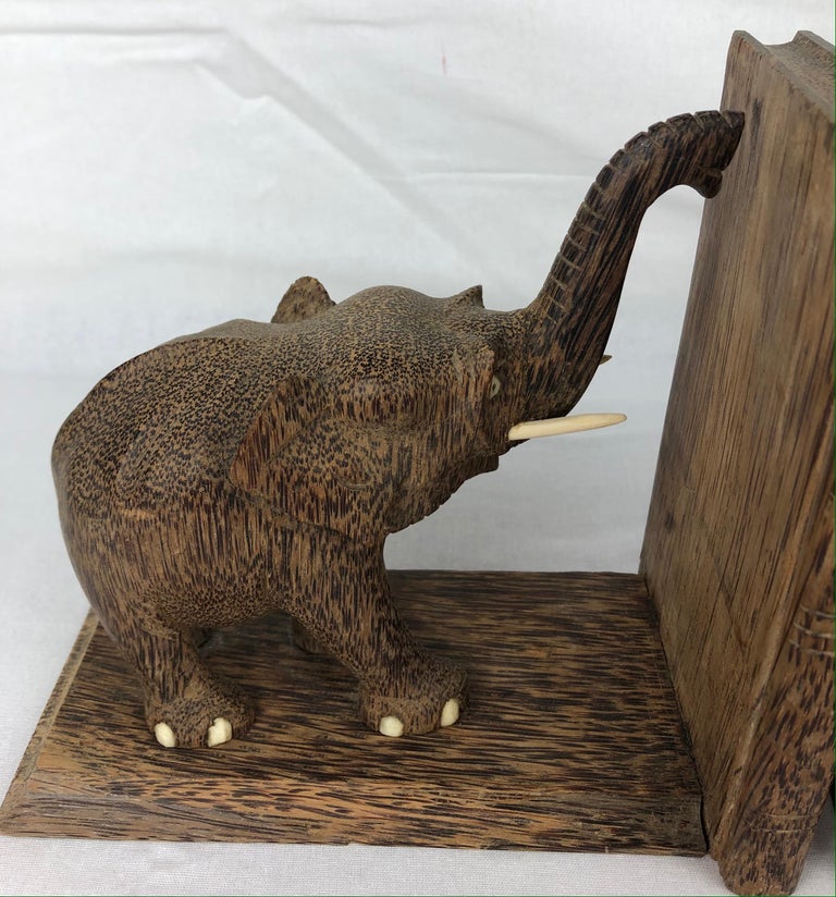 20th Century Rare Pair of French Art Deco Hand-Carved Wooden Bookends, Elephants For Sale
