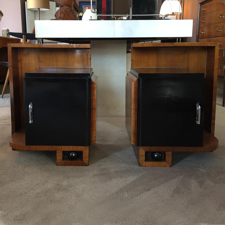 Stunning original rare pair of French bedside tables in wood and ebonized wood, France 1930.