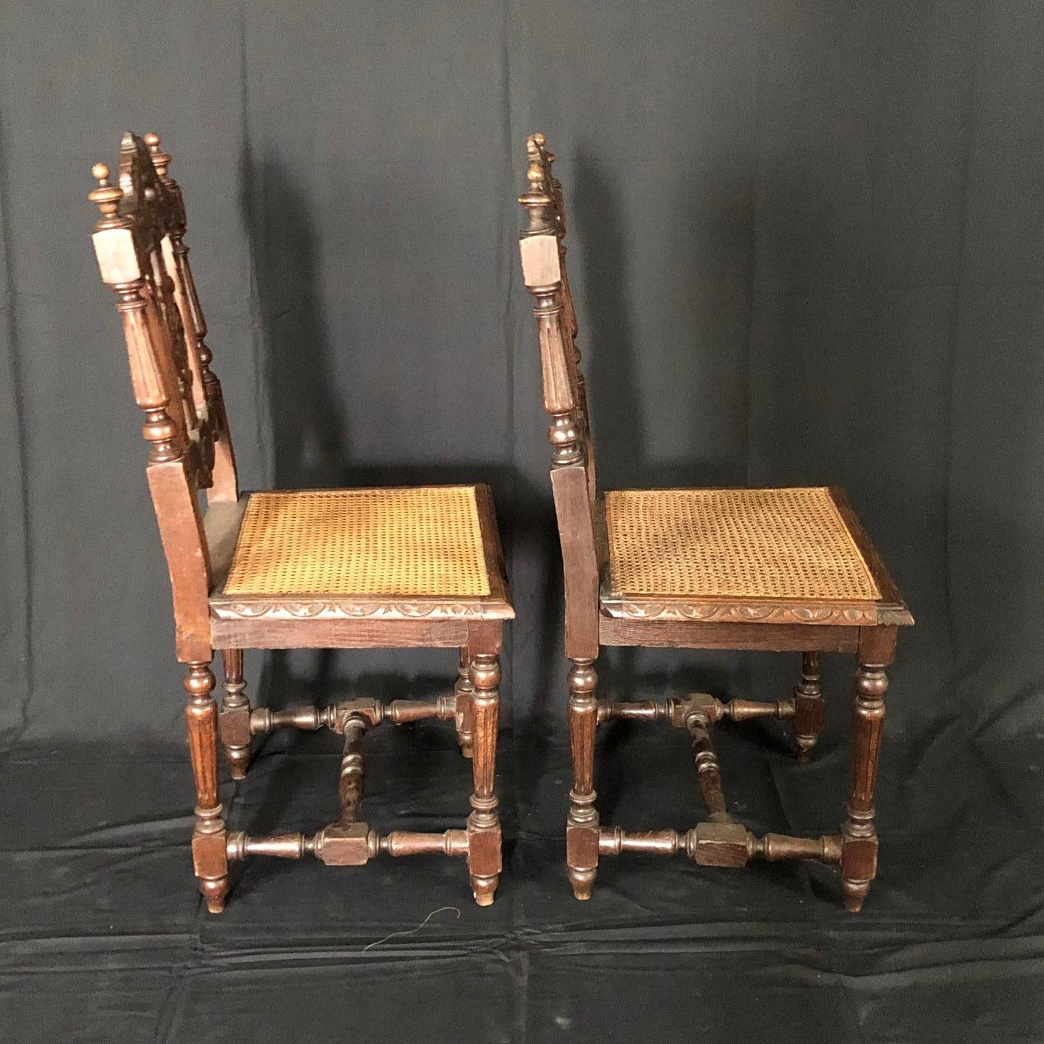 Rare Pair of French Carved 19th Century Henri II Oak Chairs with Caned Seats For Sale 1