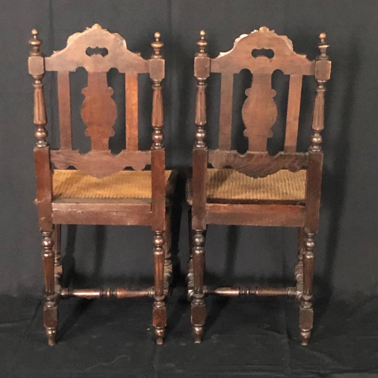 Rare Pair of French Carved 19th Century Henri II Oak Chairs with Caned Seats For Sale 6