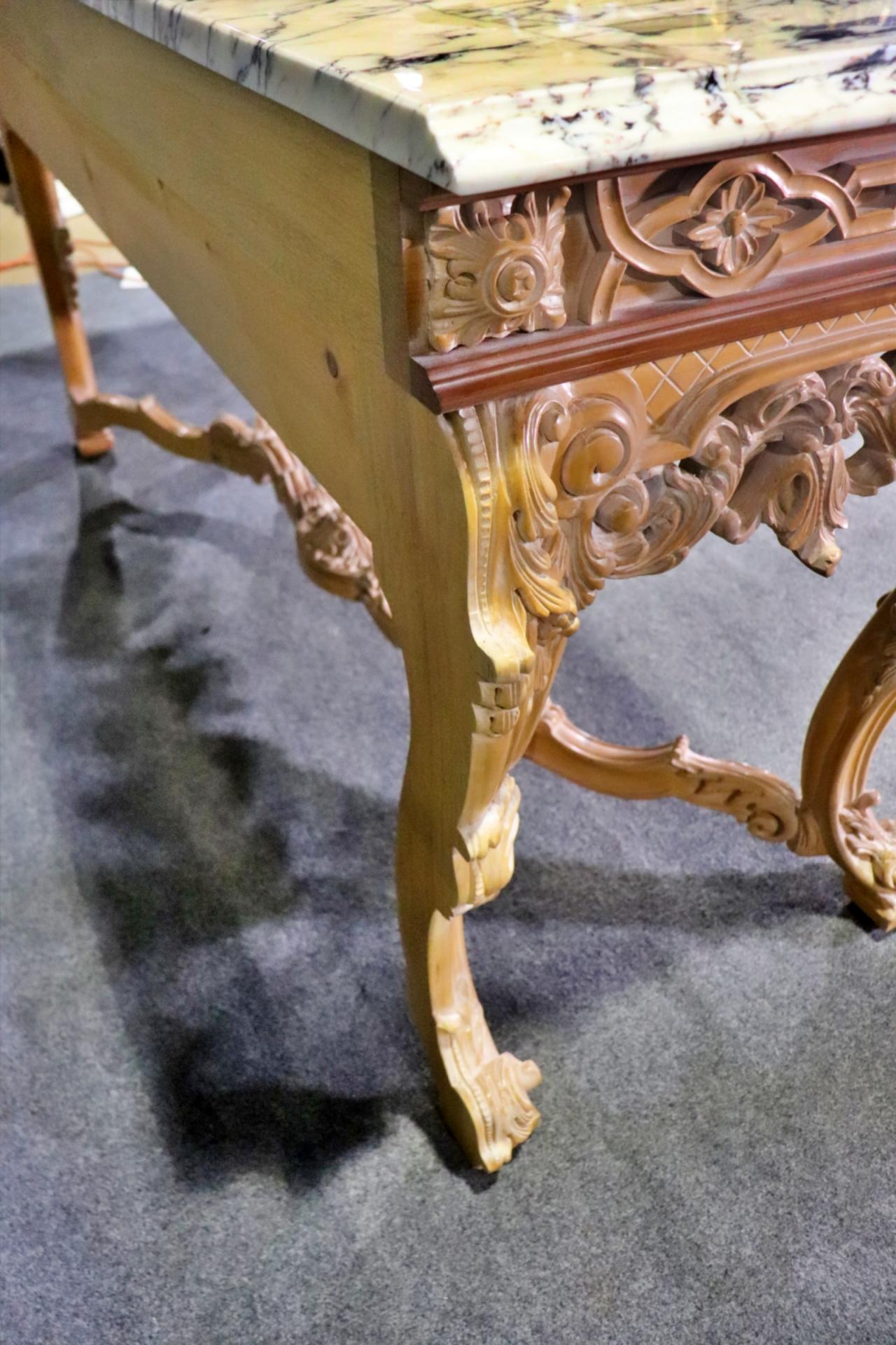 Rare Pair of French Carved Limed Beechwood Marble Top Louis XV Console Tables For Sale 8