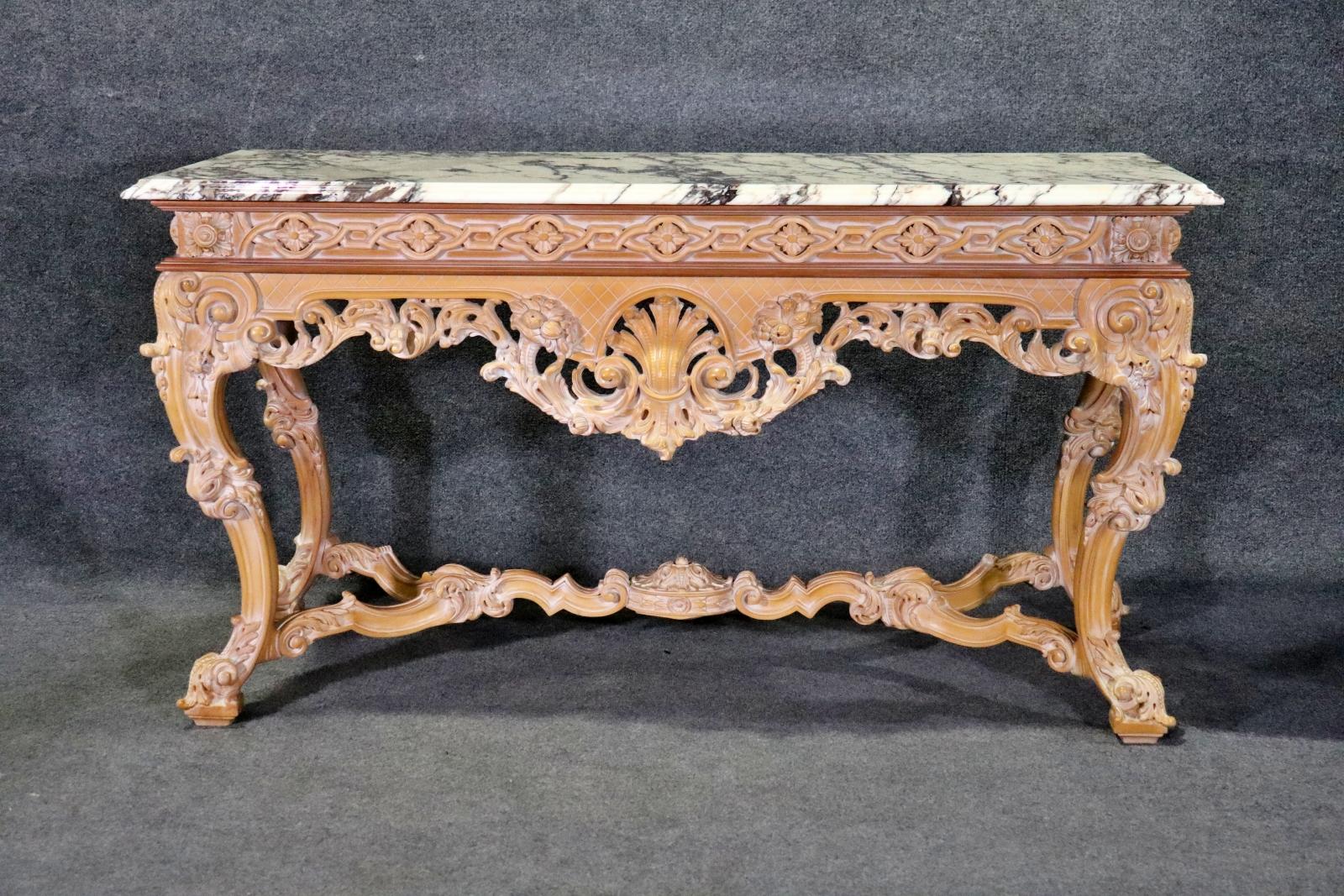 Rare Pair of French Carved Limed Beechwood Marble Top Louis XV Console Tables For Sale 9