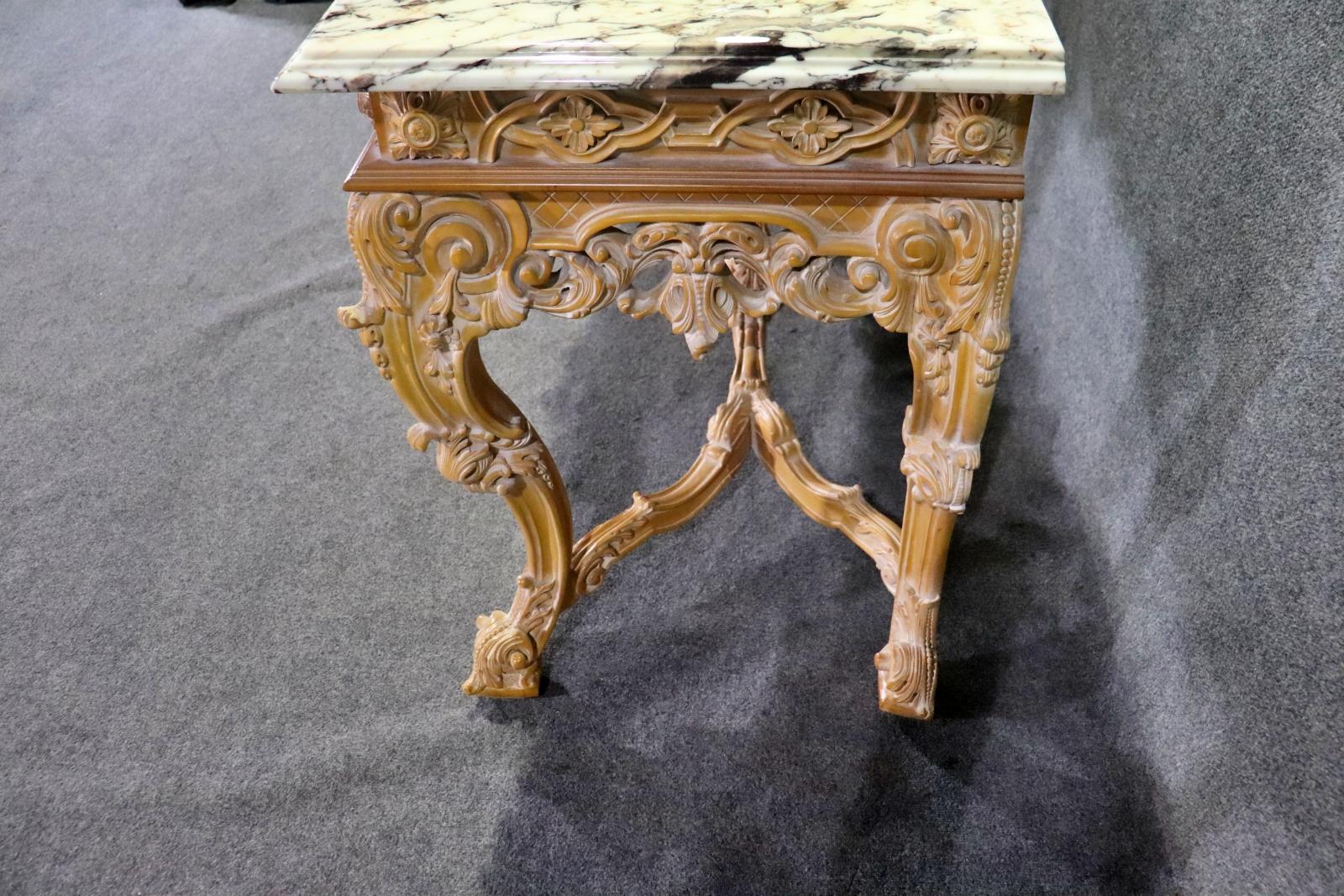 Rare Pair of French Carved Limed Beechwood Marble Top Louis XV Console Tables For Sale 10