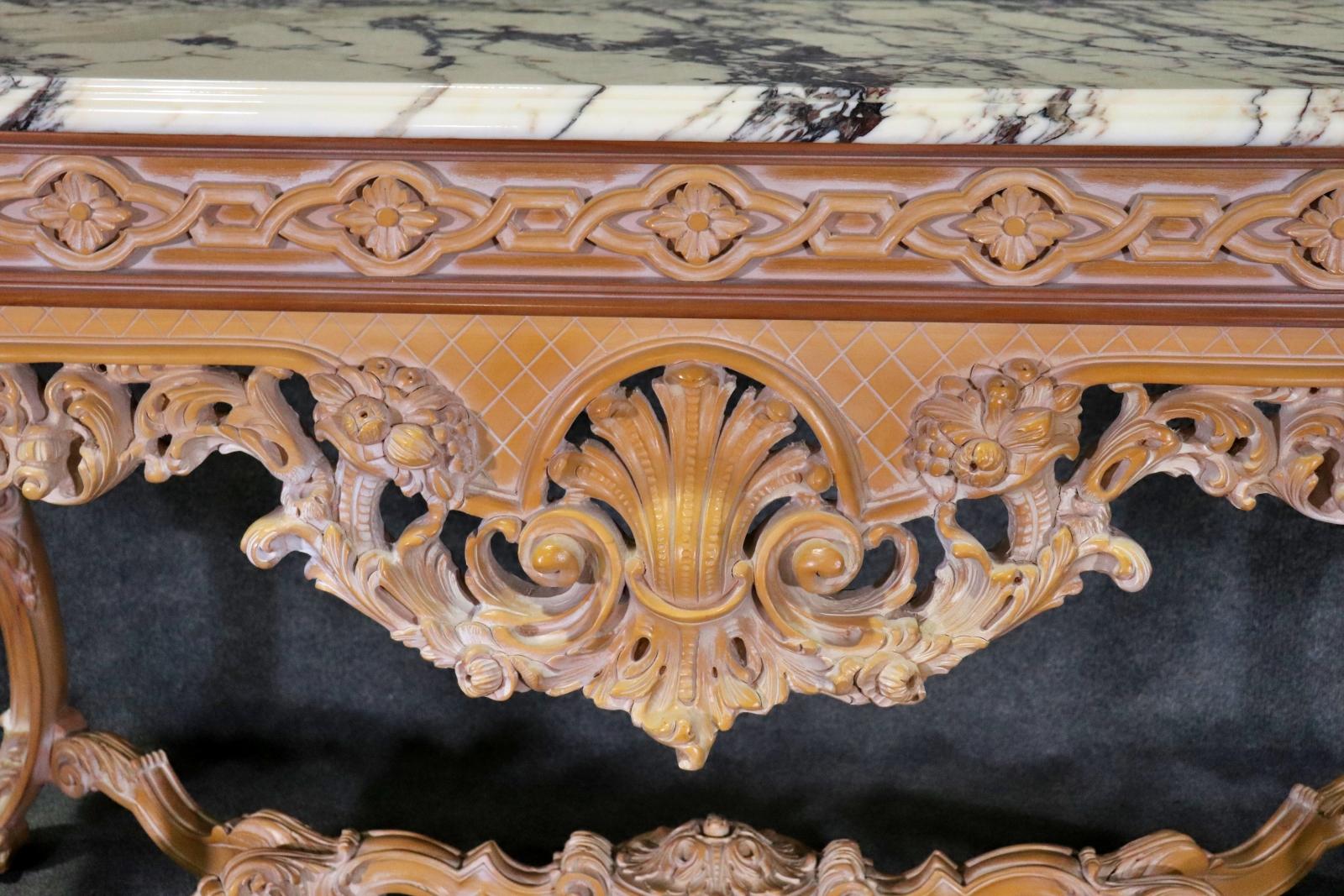 Rare Pair of French Carved Limed Beechwood Marble Top Louis XV Console Tables For Sale 11