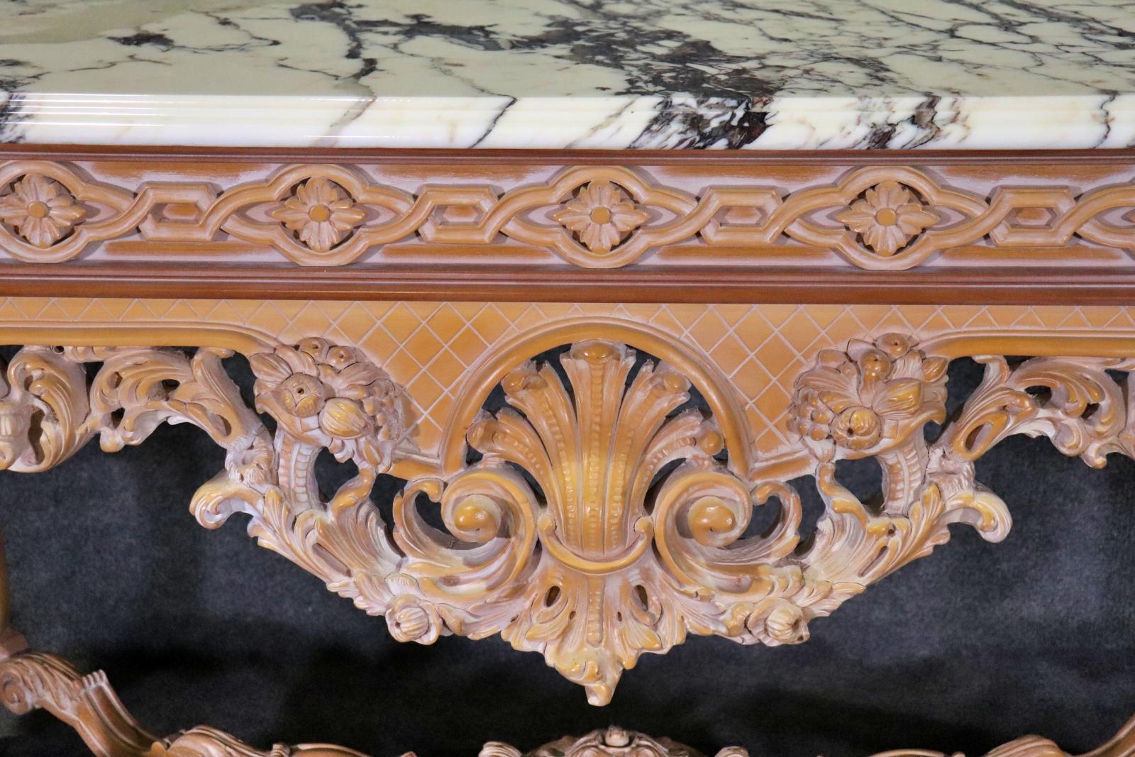 Rare Pair of French Carved Limed Beechwood Marble Top Louis XV Console Tables For Sale 14