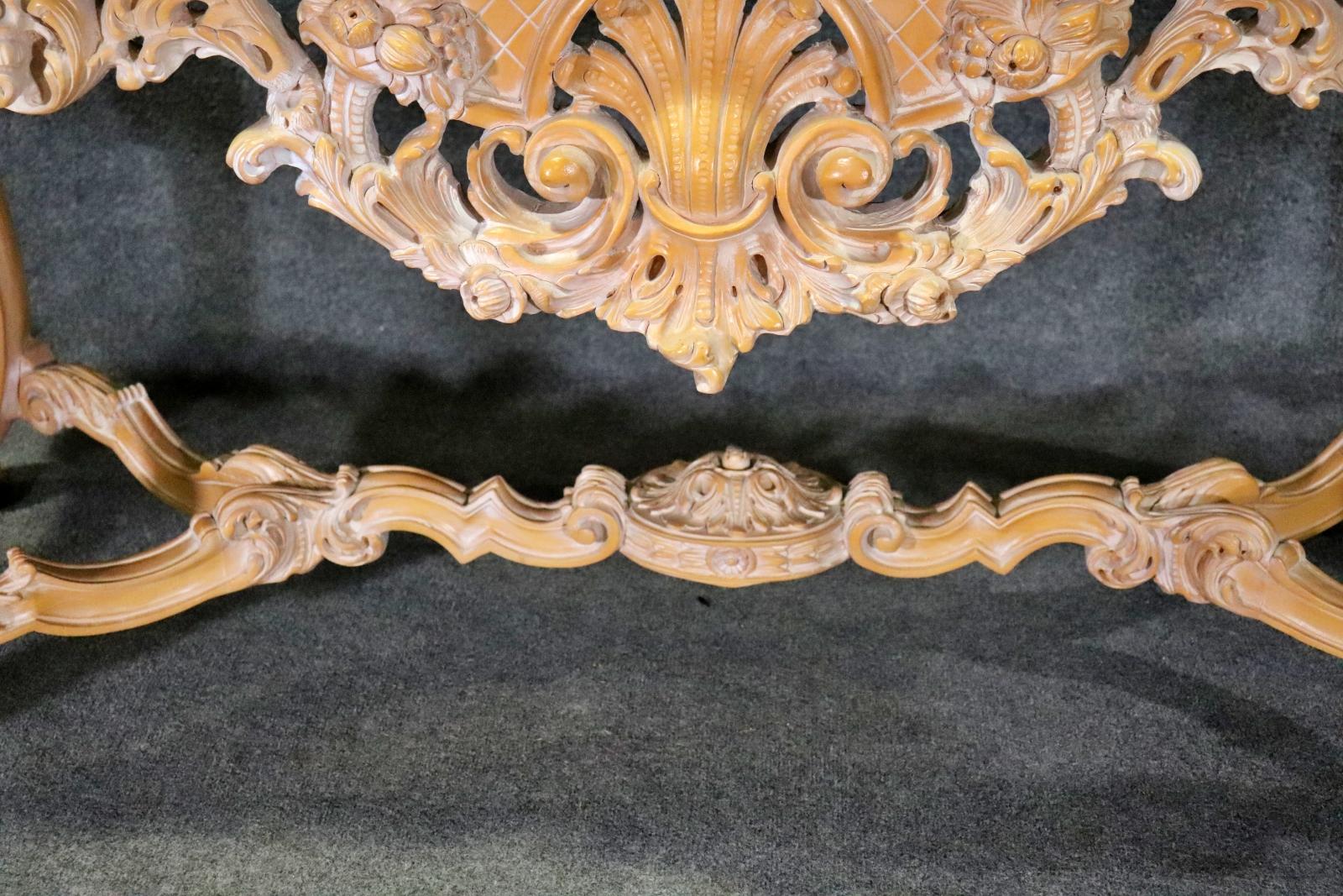 Rare Pair of French Carved Limed Beechwood Marble Top Louis XV Console Tables For Sale 15