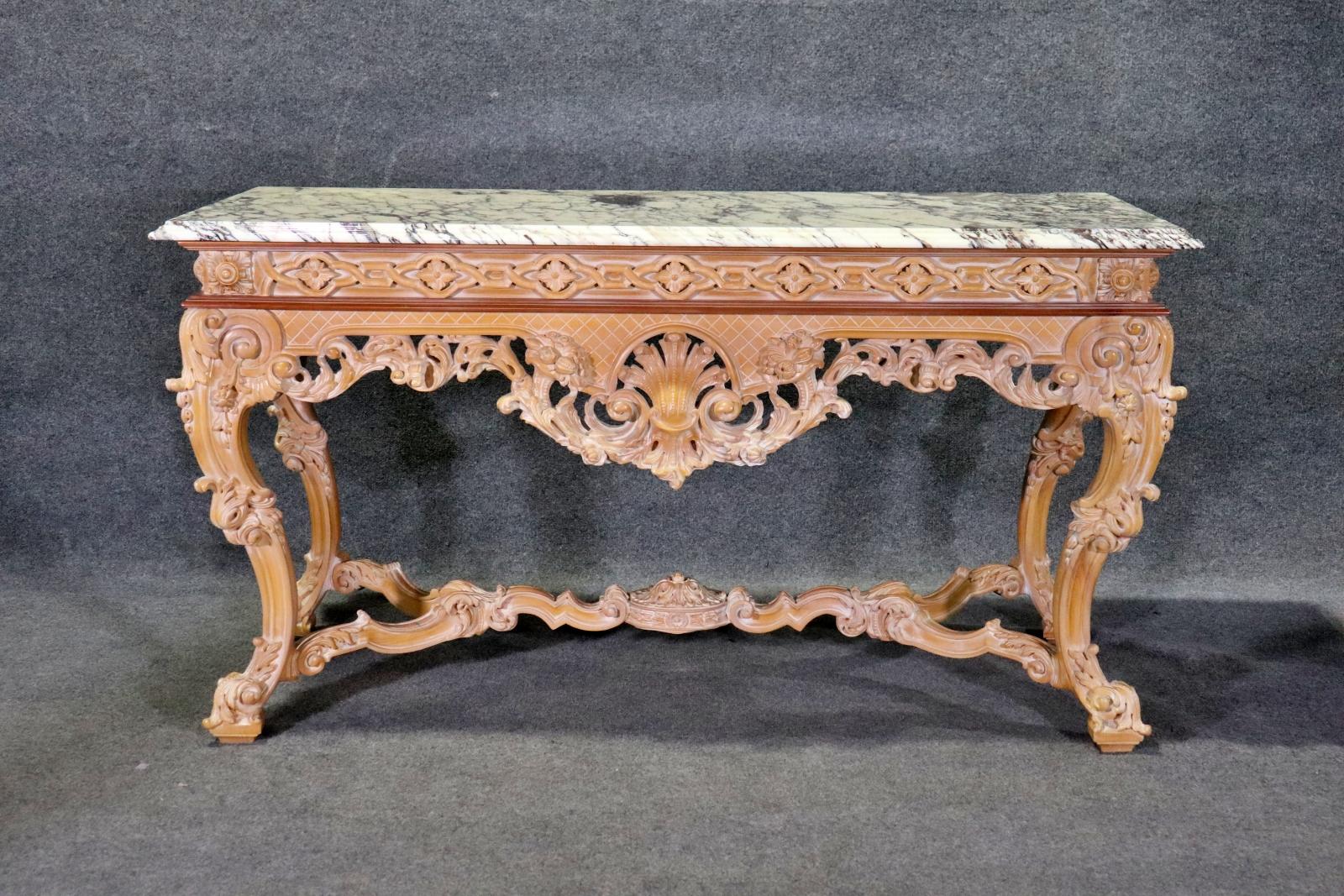 Mid-20th Century Rare Pair of French Carved Limed Beechwood Marble Top Louis XV Console Tables For Sale