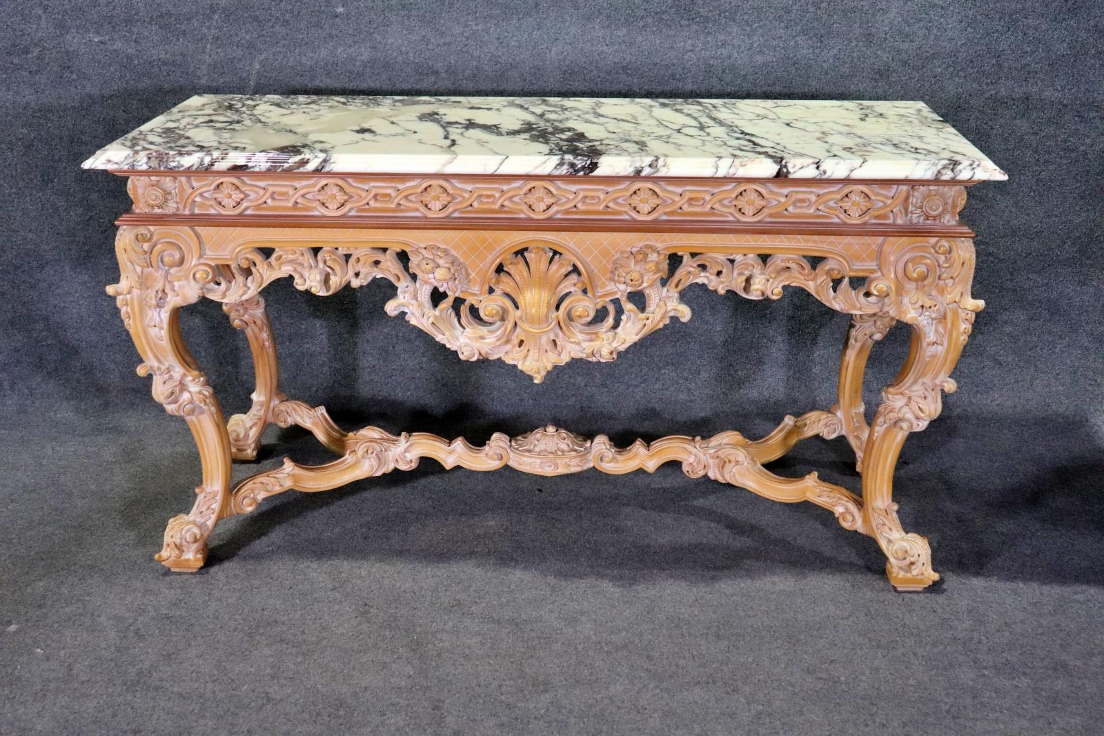 Rare Pair of French Carved Limed Beechwood Marble Top Louis XV Console Tables For Sale 1
