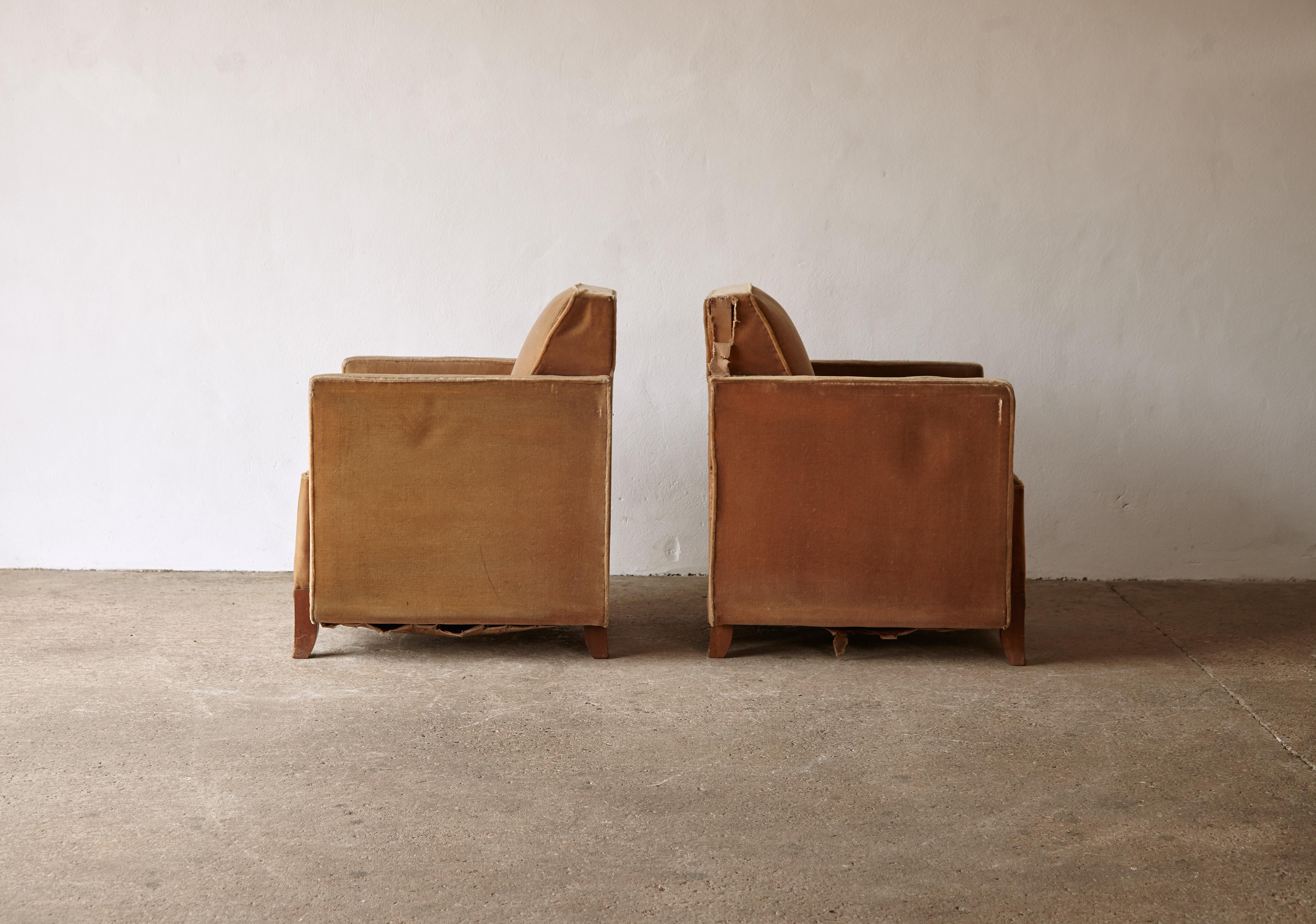 Wood Rare Pair of French Club Chairs, for Reupholstery, 1940s/50s