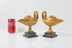 Rare Pair of French Empire Dore Bronze Genie Oil lamps w/ Medusa Masks