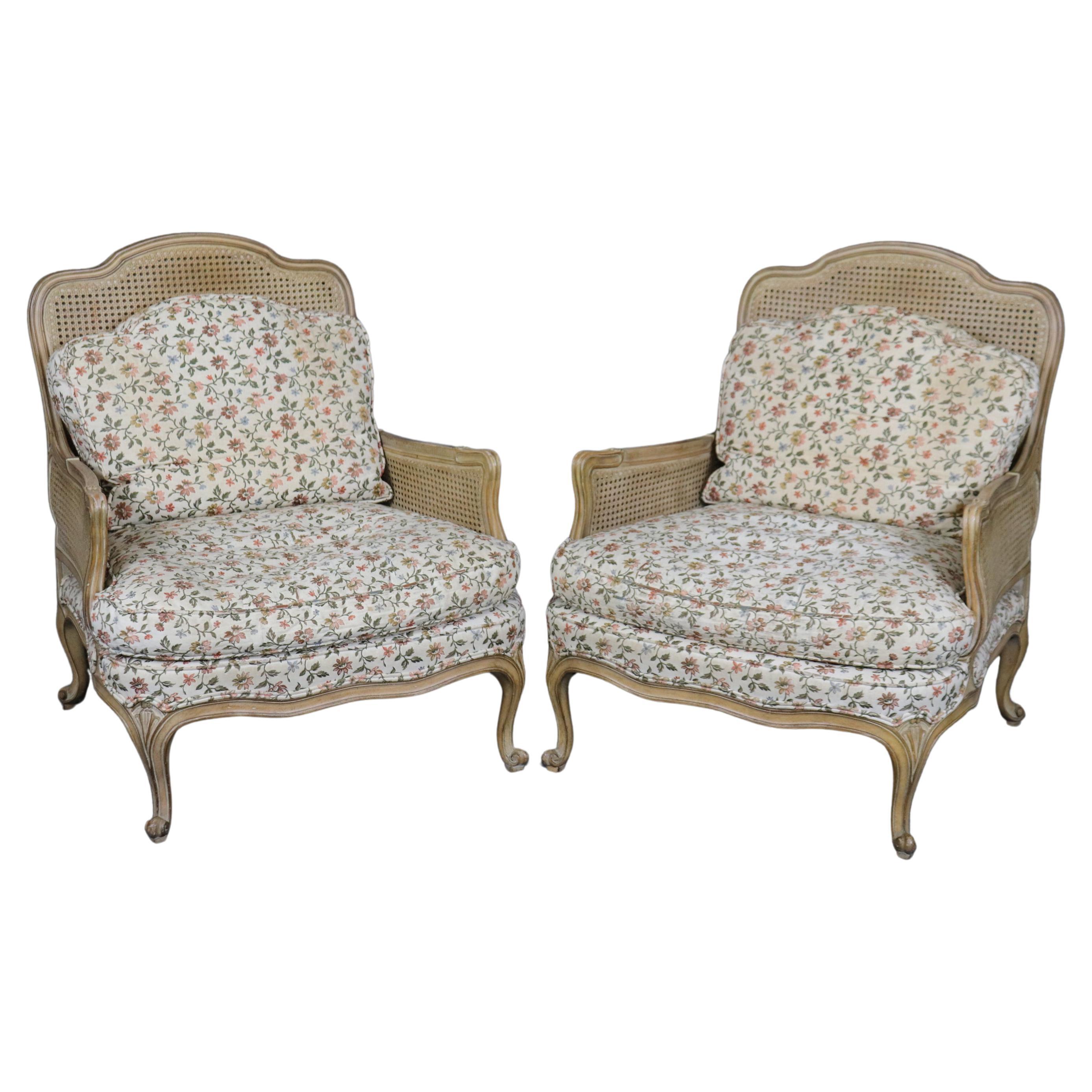 Rare Pair of French Fully Caned Upholstered Bergere Chairs Louis XV 