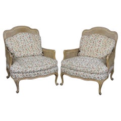 Rare Pair of French Fully Caned Upholstered Bergere Chairs Louis XV 