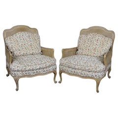 Rare Pair of French Fully Caned Upholstered Bergere Chairs Louis XV