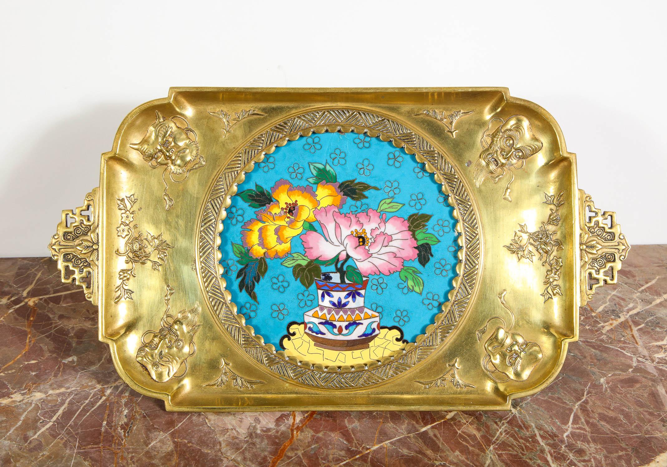 Rare Pair of French Japonisme Bronze & Cloisonne Enamel Trays Attributed Lievre In Good Condition In New York, NY