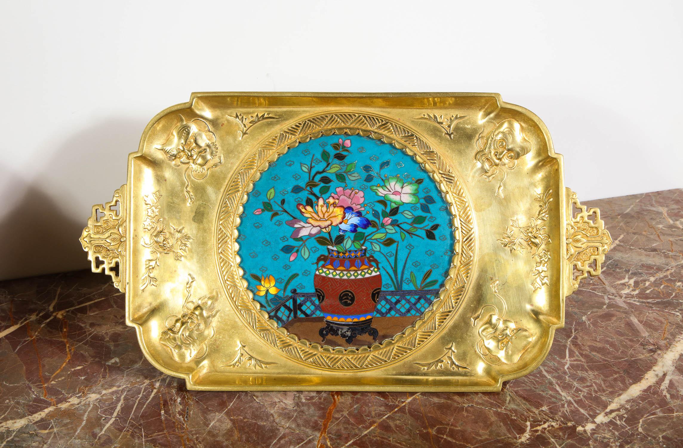 19th Century Rare Pair of French Japonisme Bronze & Cloisonne Enamel Trays Attributed Lievre