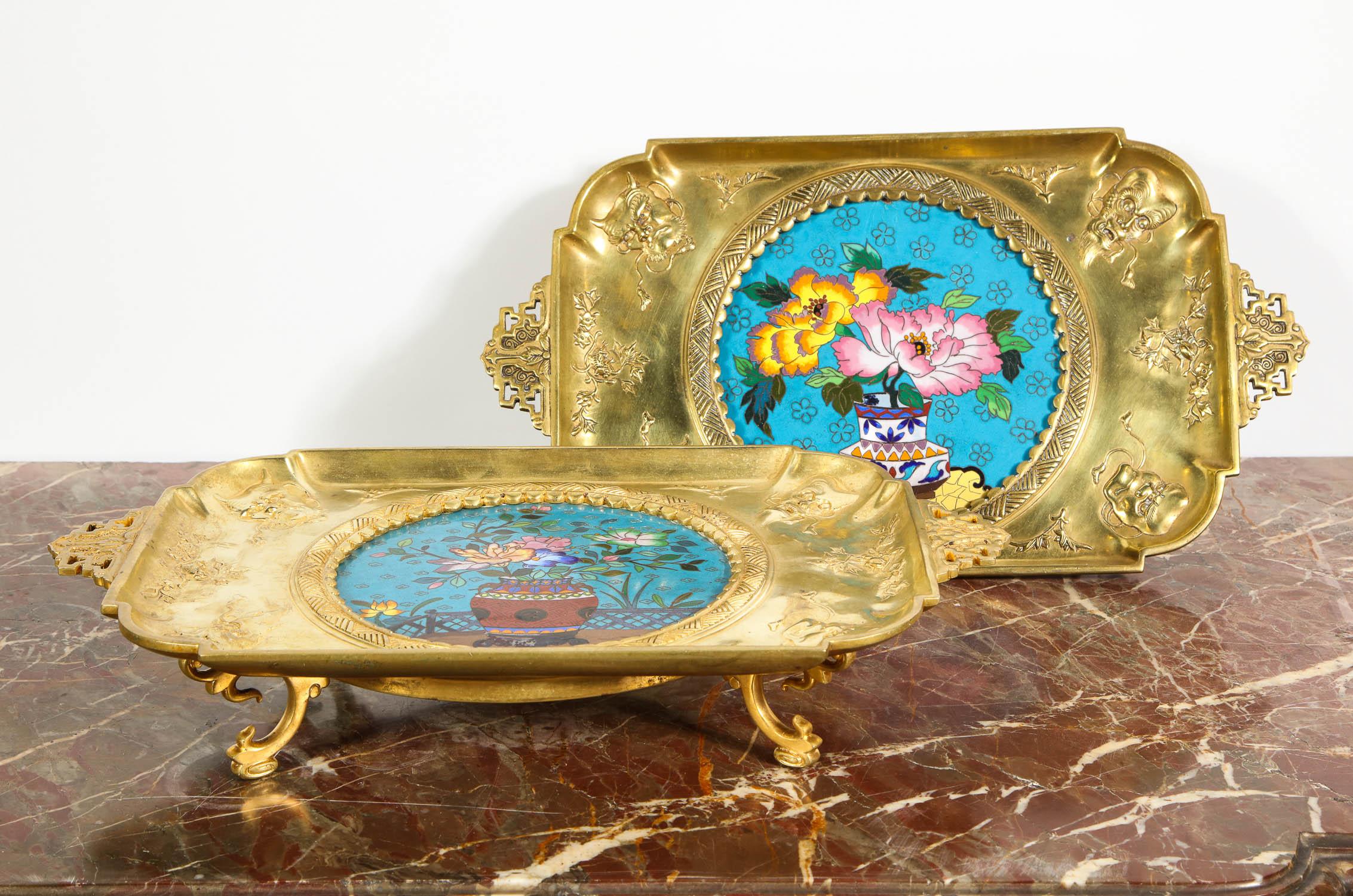 Rare Pair of French Japonisme Bronze & Cloisonne Enamel Trays Attributed Lievre 1