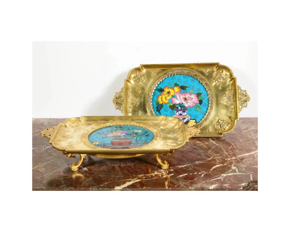 19th Century Rare Pair of French Japonisme Bronze & Cloisonne Enamel Trays Attributed Lievre For Sale